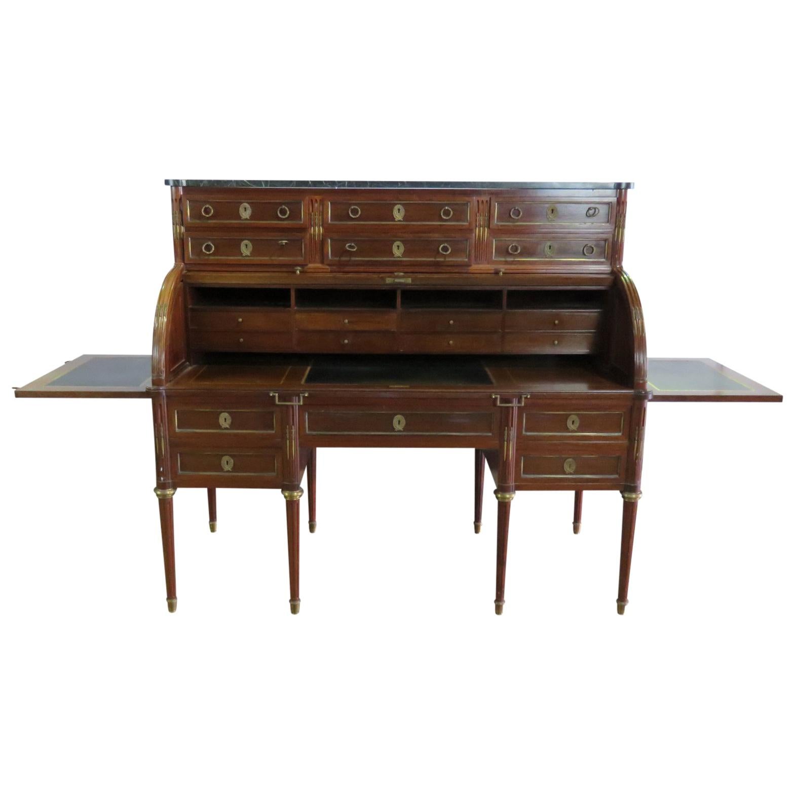 Large Maison Jansen Directoire Mahogany and Bronze Ormolu Cylinder Desk For Sale