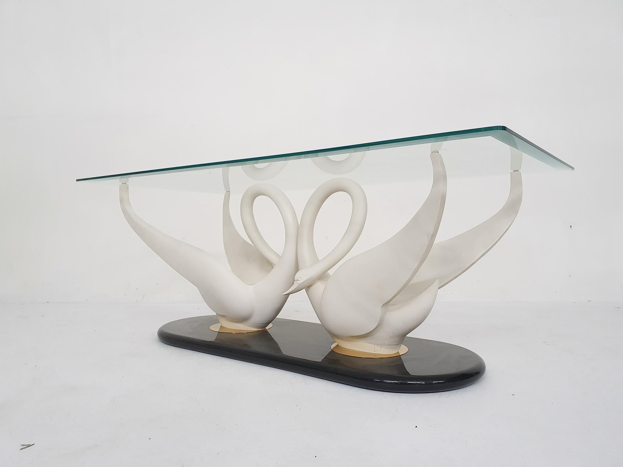 Ceramic swan sculptures with glass top. Signed by Maison Jansen.