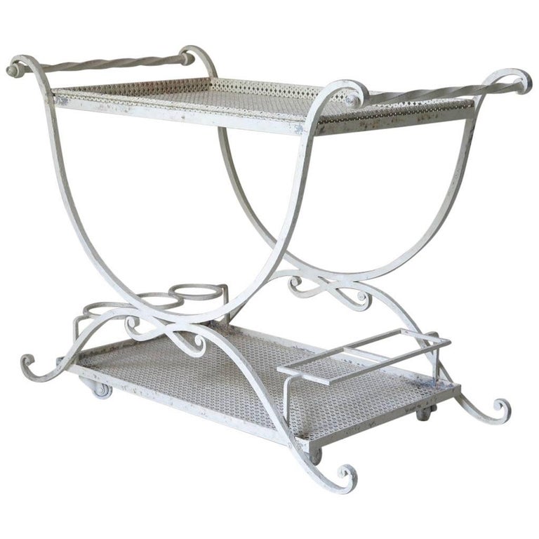 Beautiful Wrought Iron Bar Cart with Original Set of Ceramic Bottles and  Glasses For Sale at 1stDibs