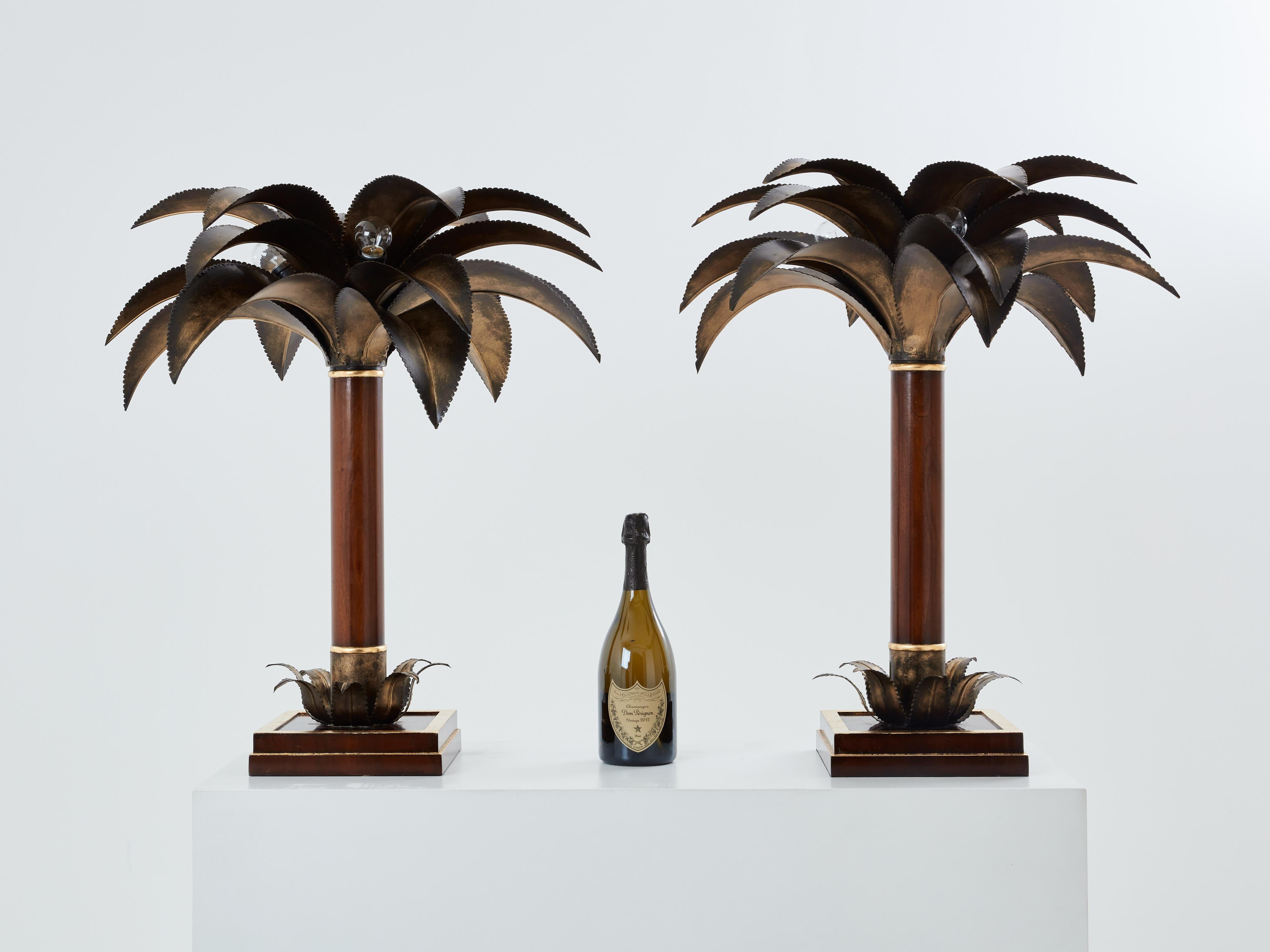 Lampes de palmier de la Maison Jansen en acajou et bronze 1960 en vente 3