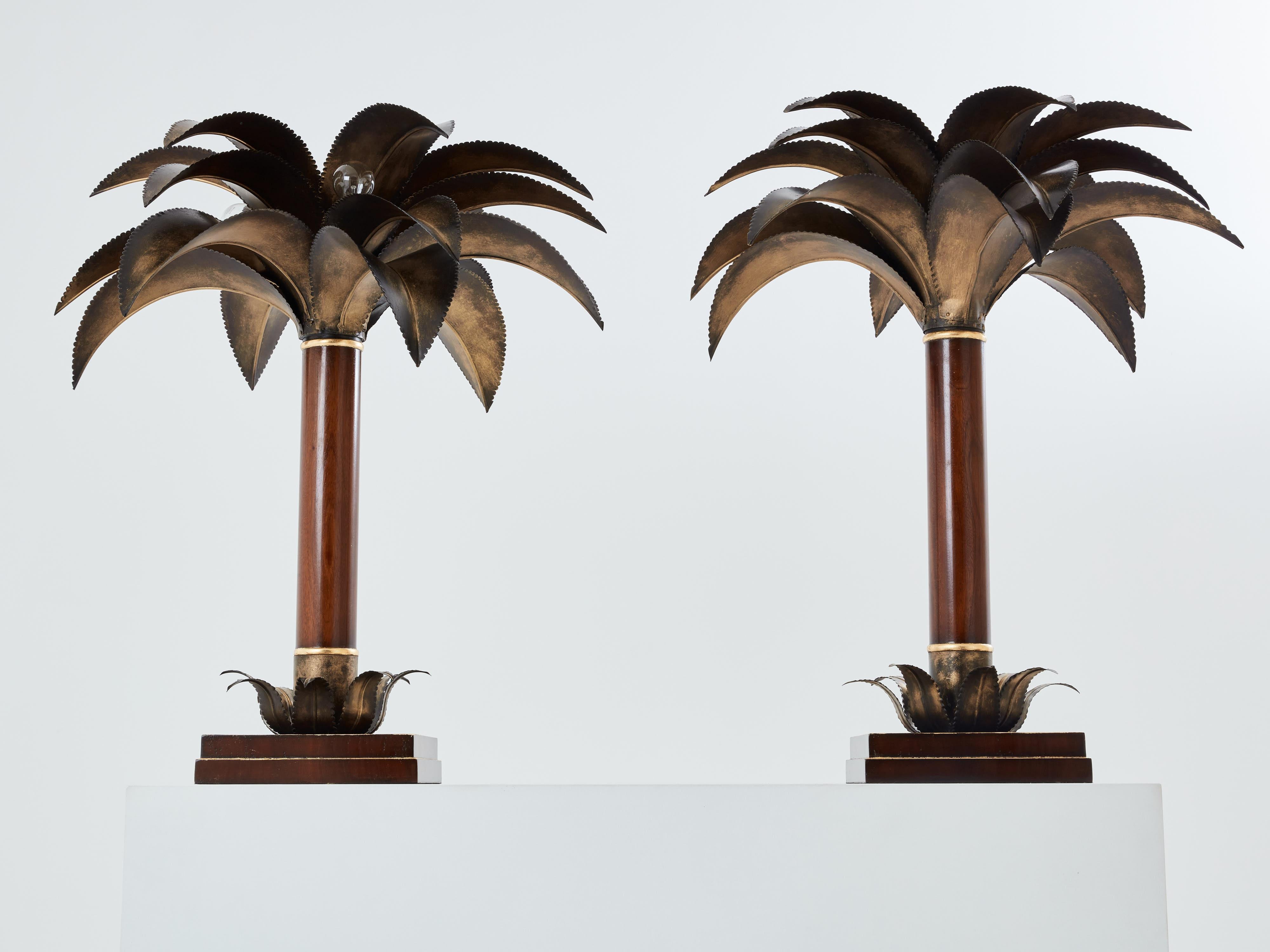 Maison Jansen early palm tree lamps mahogany bronze 1960 For Sale 4
