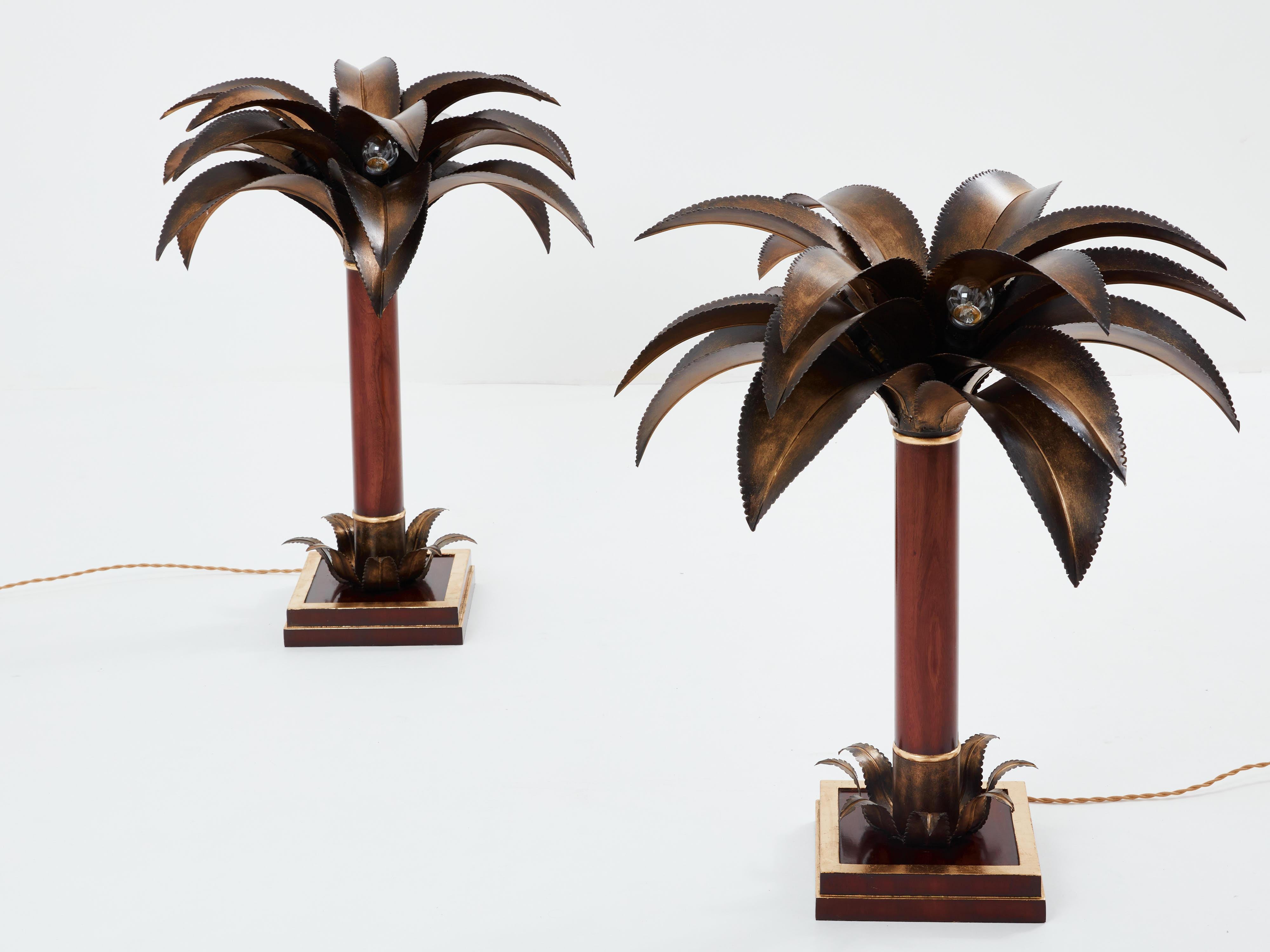 Mid-Century Modern Maison Jansen early palm tree lamps mahogany bronze 1960 For Sale