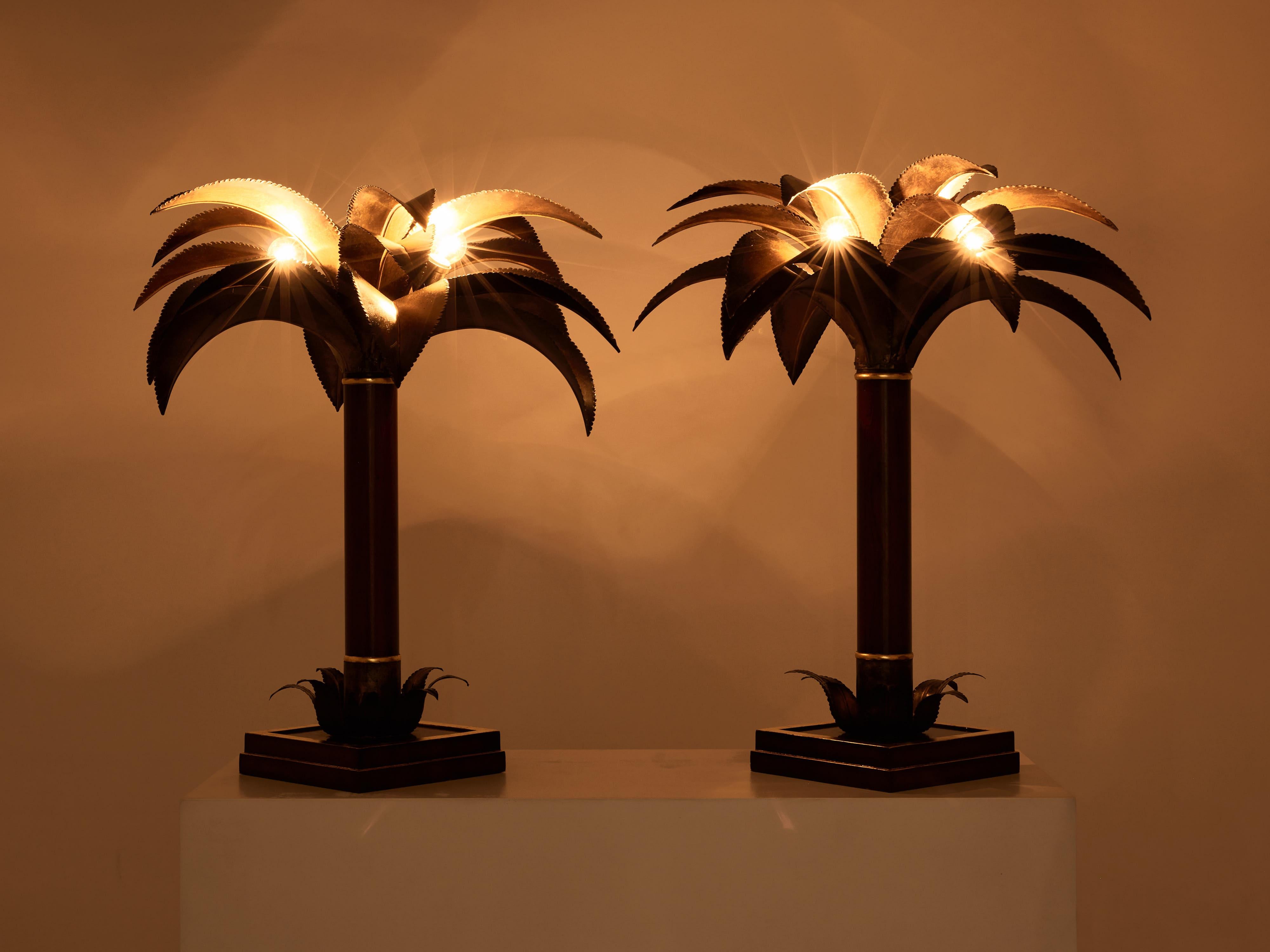 Maison Jansen early palm tree lamps mahogany bronze 1960 For Sale 1