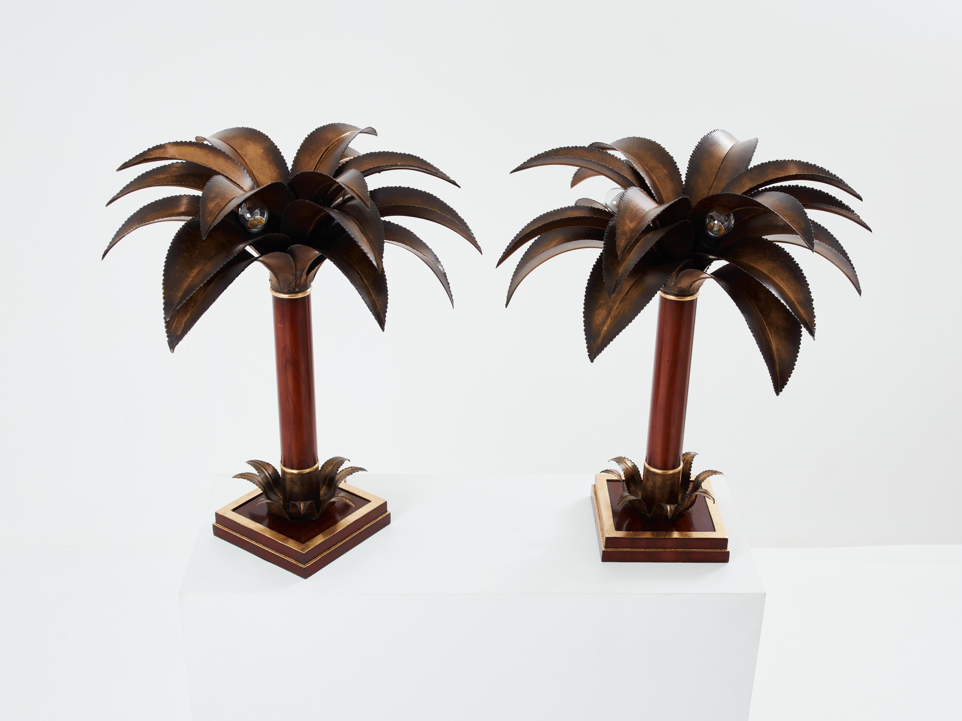 Maison Jansen early palm tree lamps mahogany bronze 1960 For Sale 2