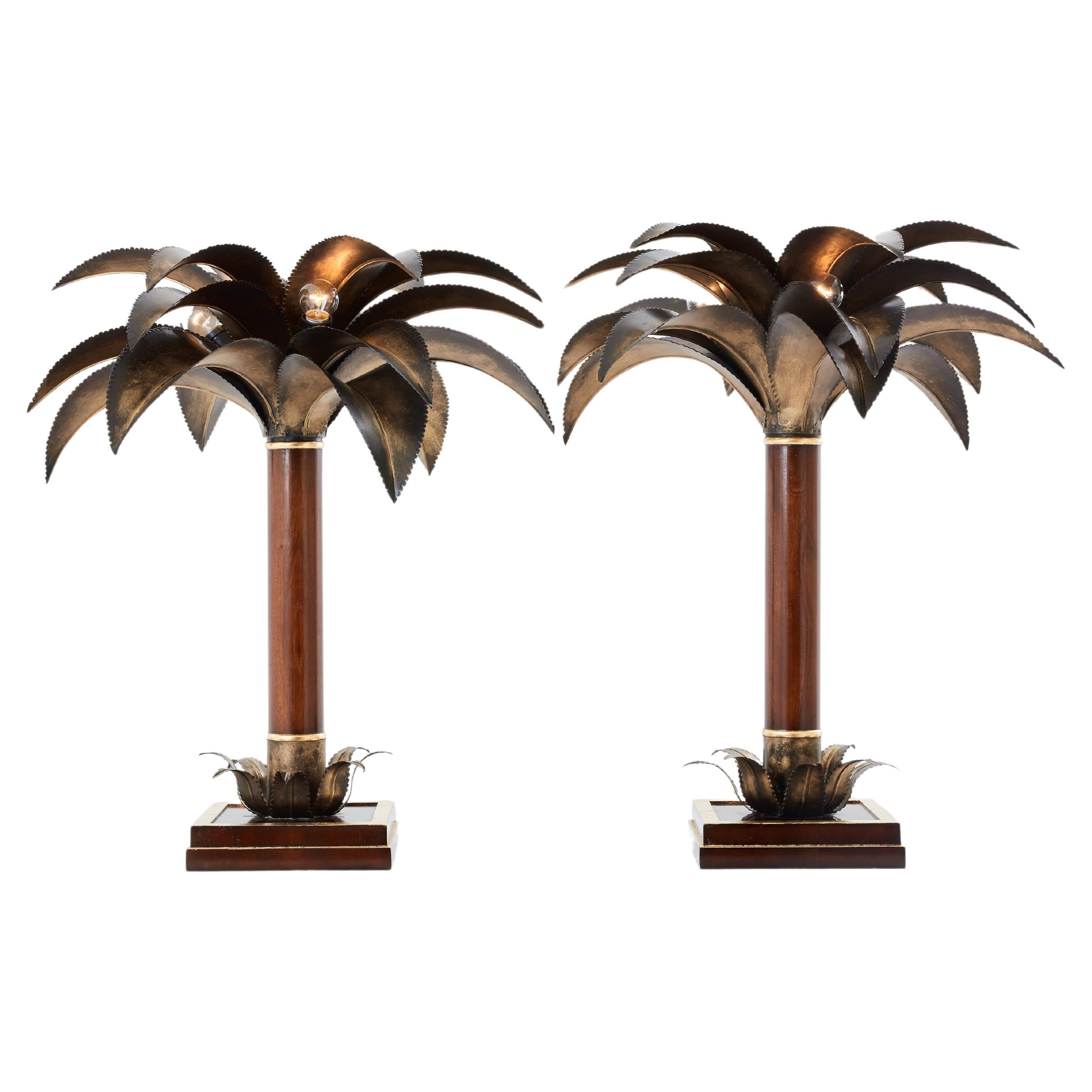 Maison Jansen early palm tree lamps mahogany bronze 1960 For Sale