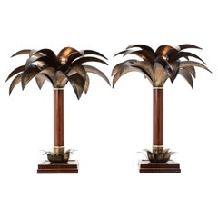 Vintage Maison Jansen early palm tree lamps mahogany bronze 1960