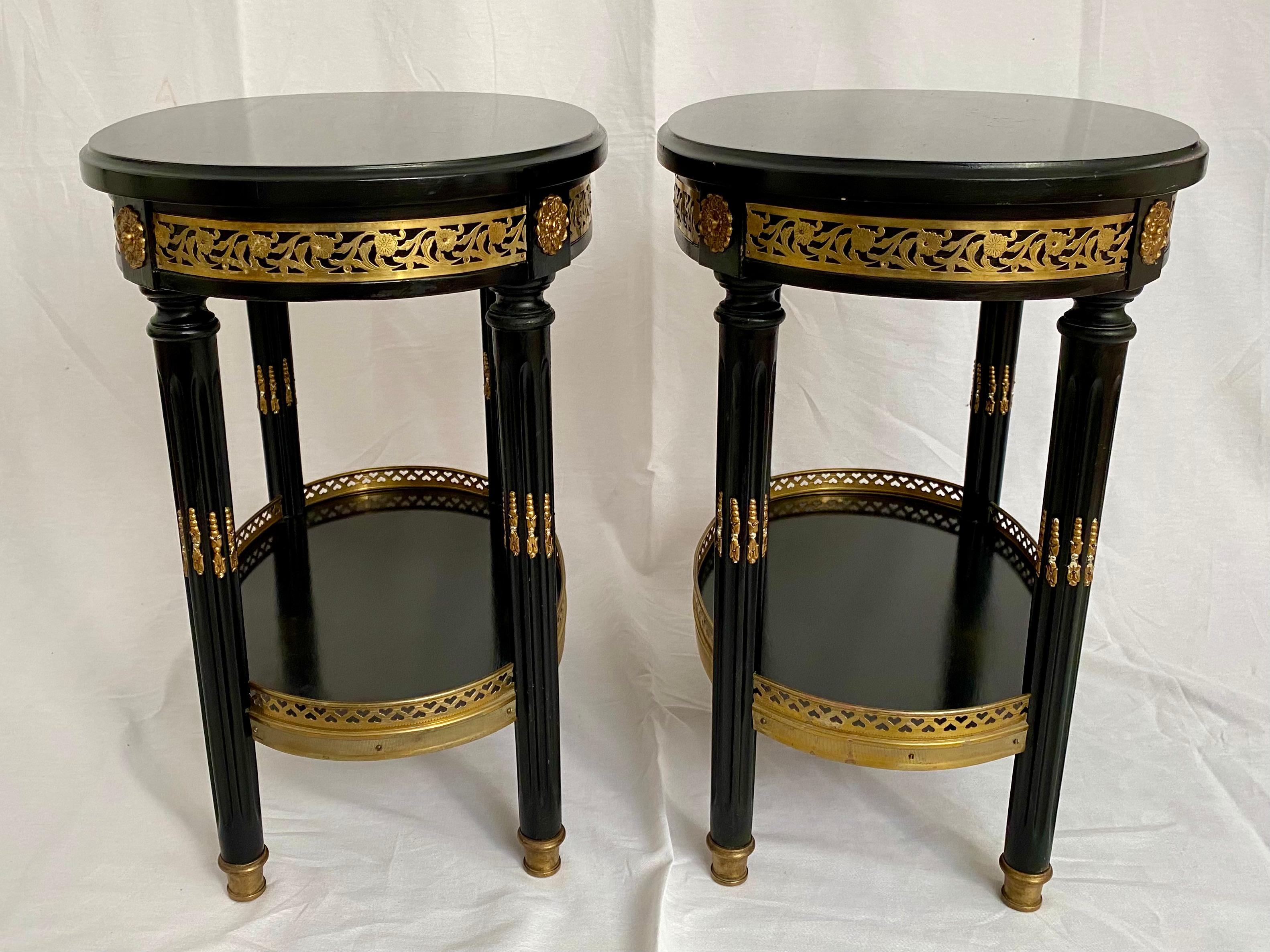 Lacquered Maison Jansen Ebonized Pair of Stamped Side Tables, Hollywood Regency, French For Sale