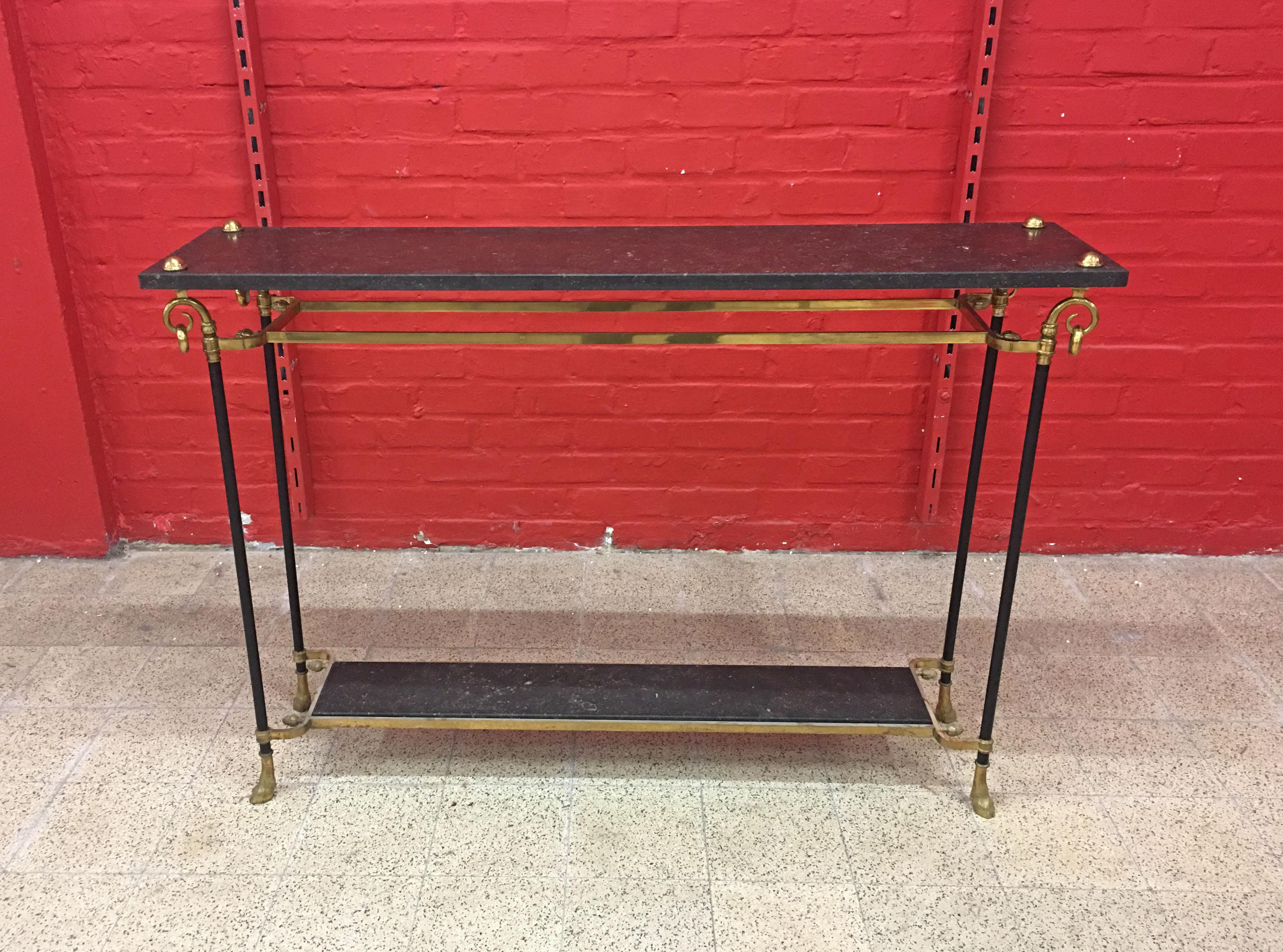 Maison Jansen, elegant console table in bronze, brass and marble, circa 1950.