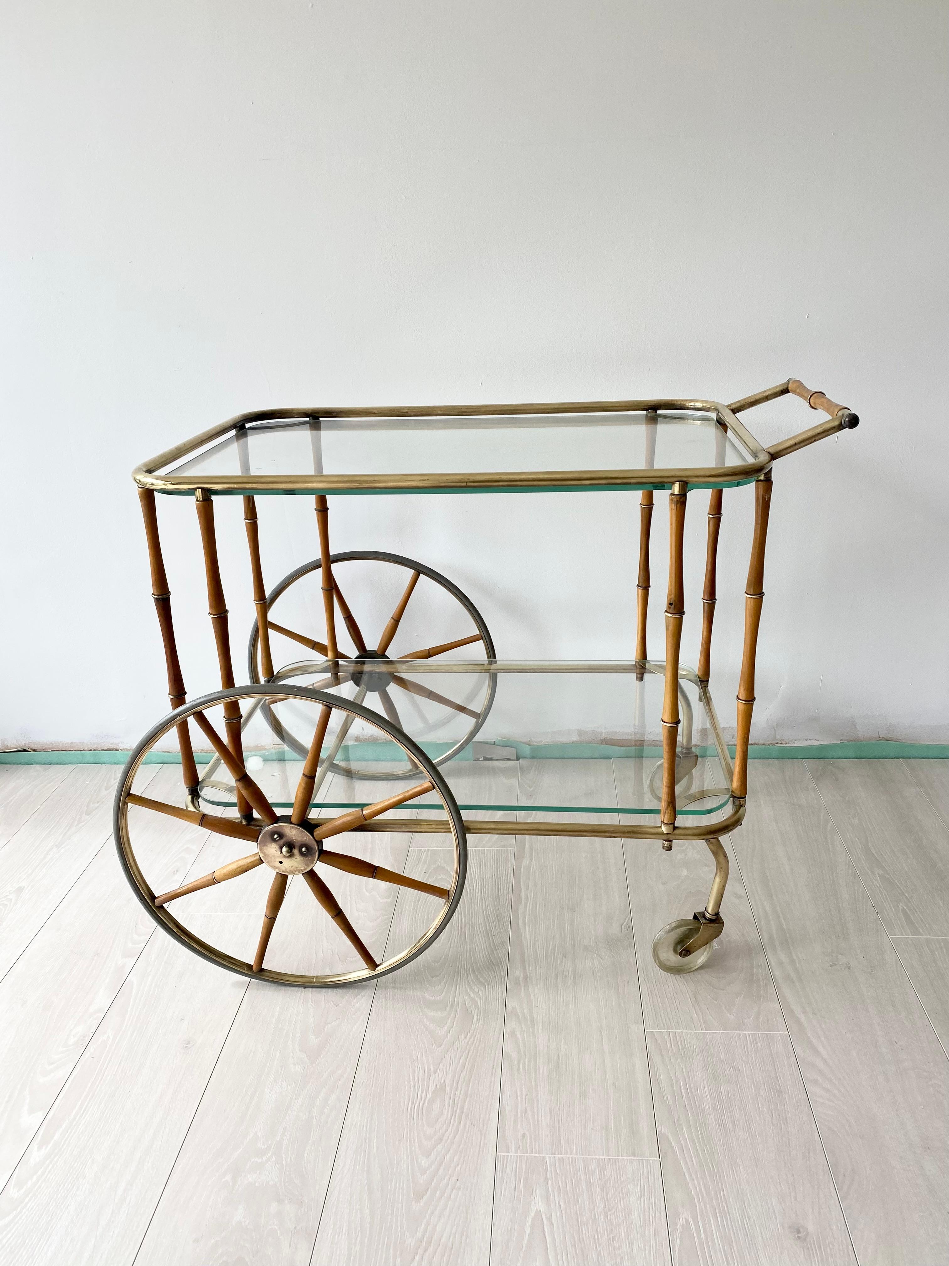 French Maison Jansen Faux Bamboo & Brass Drinks Trolley For Sale