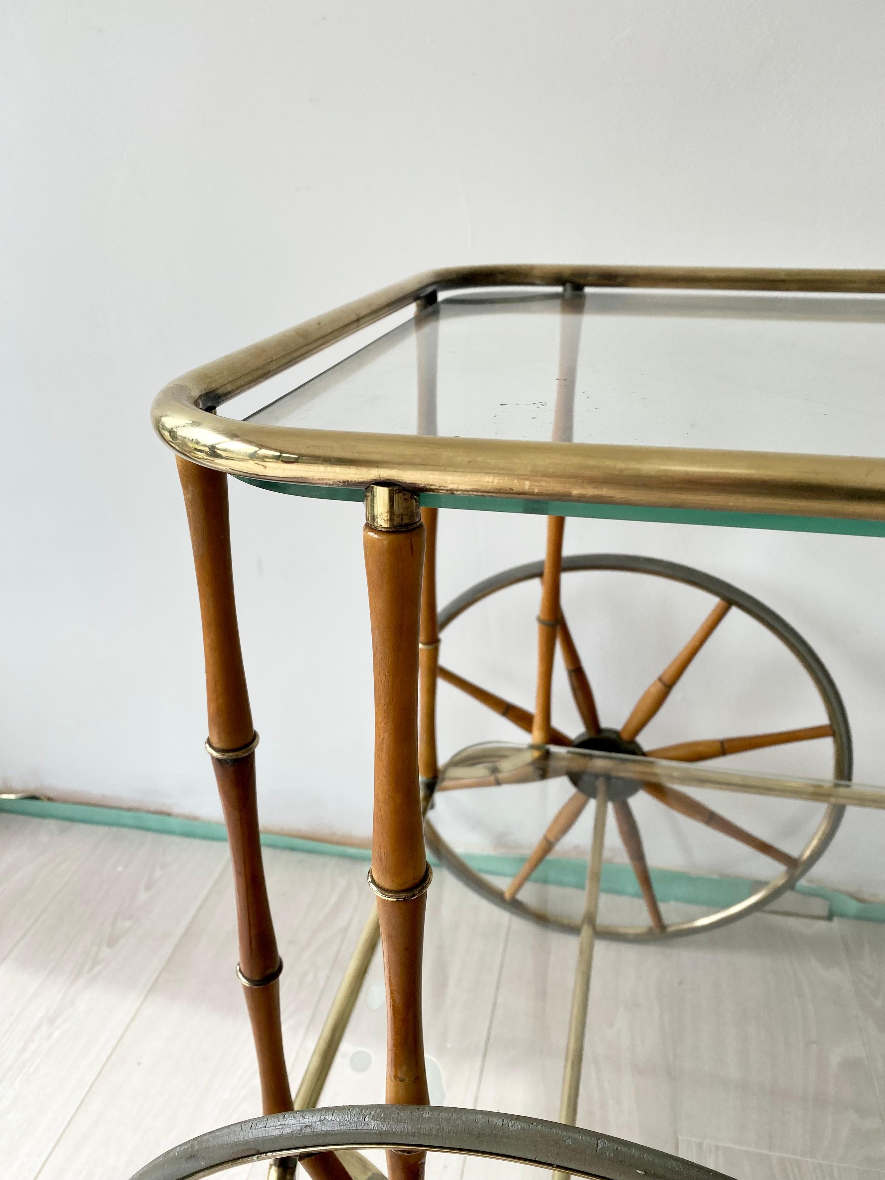 Maison Jansen Faux Bamboo & Brass Drinks Trolley In Good Condition For Sale In Crawley Down, GB