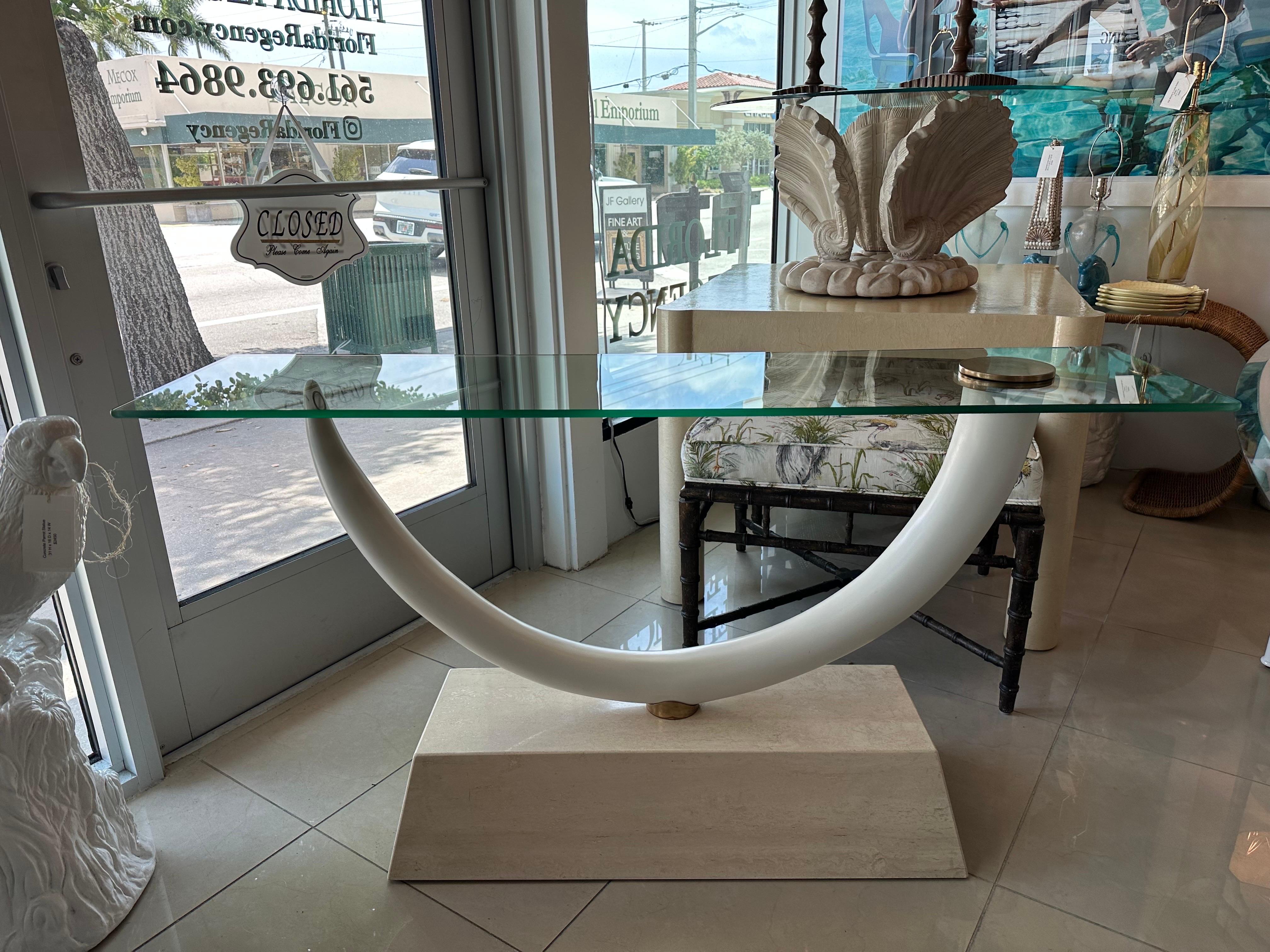 Maison Jansen Faux Elephant Tusk Marble Base & Brass & Glass Top Console Table In Good Condition For Sale In West Palm Beach, FL
