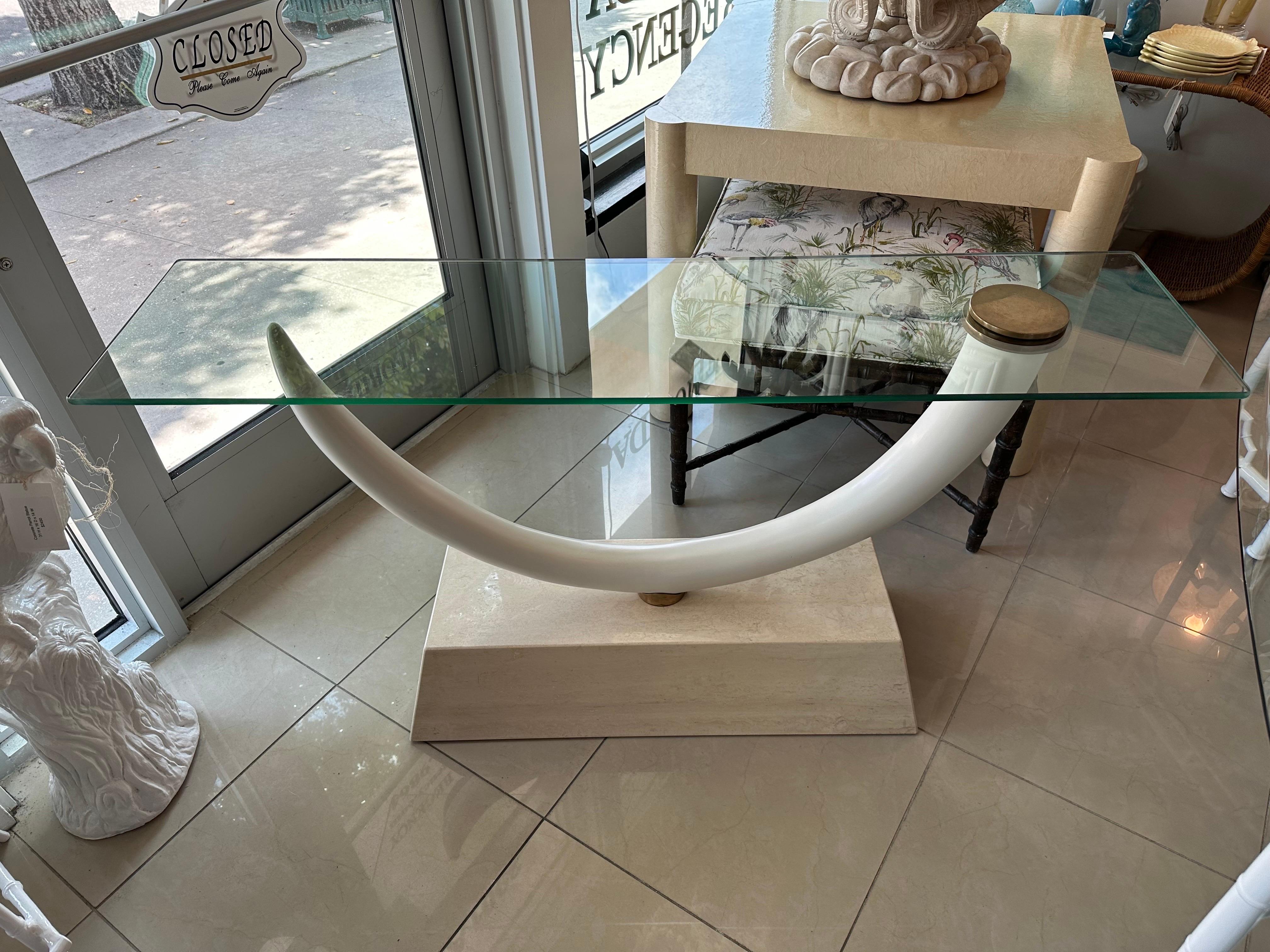 Late 20th Century Maison Jansen Faux Elephant Tusk Marble Base & Brass & Glass Top Console Table For Sale