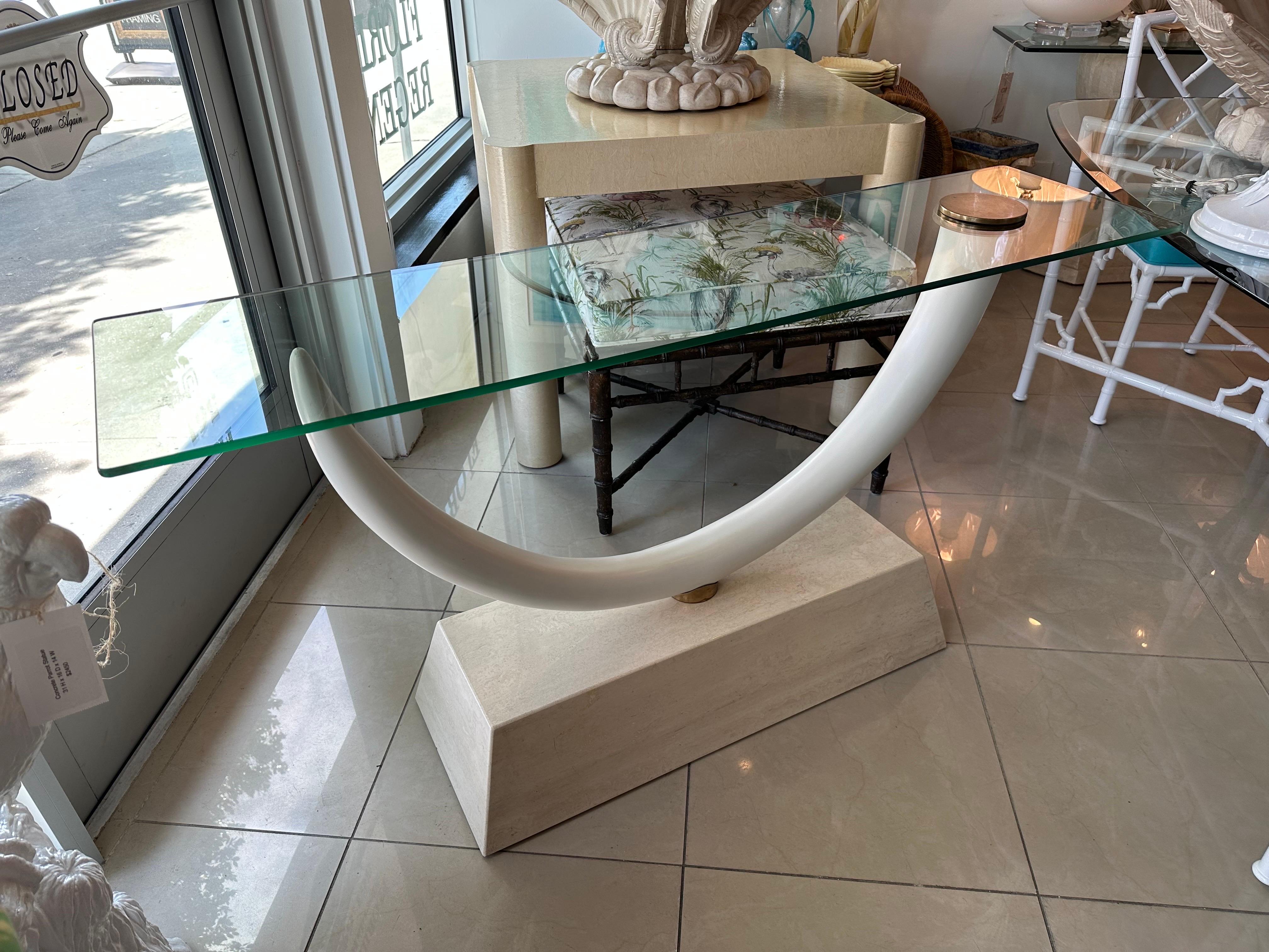Maison Jansen Faux Elephant Tusk Marble Base & Brass & Glass Top Console Table For Sale 1