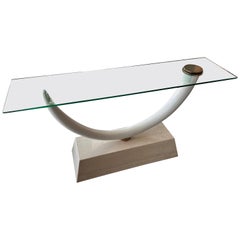 Maison Jansen Faux Elephant Tusk Marmorsockel & Messing & Glasplatte Konsolentisch