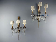Maison Jansen, Feather Form Wall Sconces, Crystal, Bronze, France, 1940s