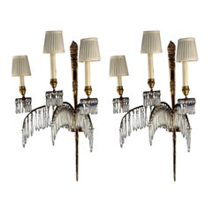 Maison Jansen, Feather Form Wall Sconces, Crystal, Bronze, France, 1940s