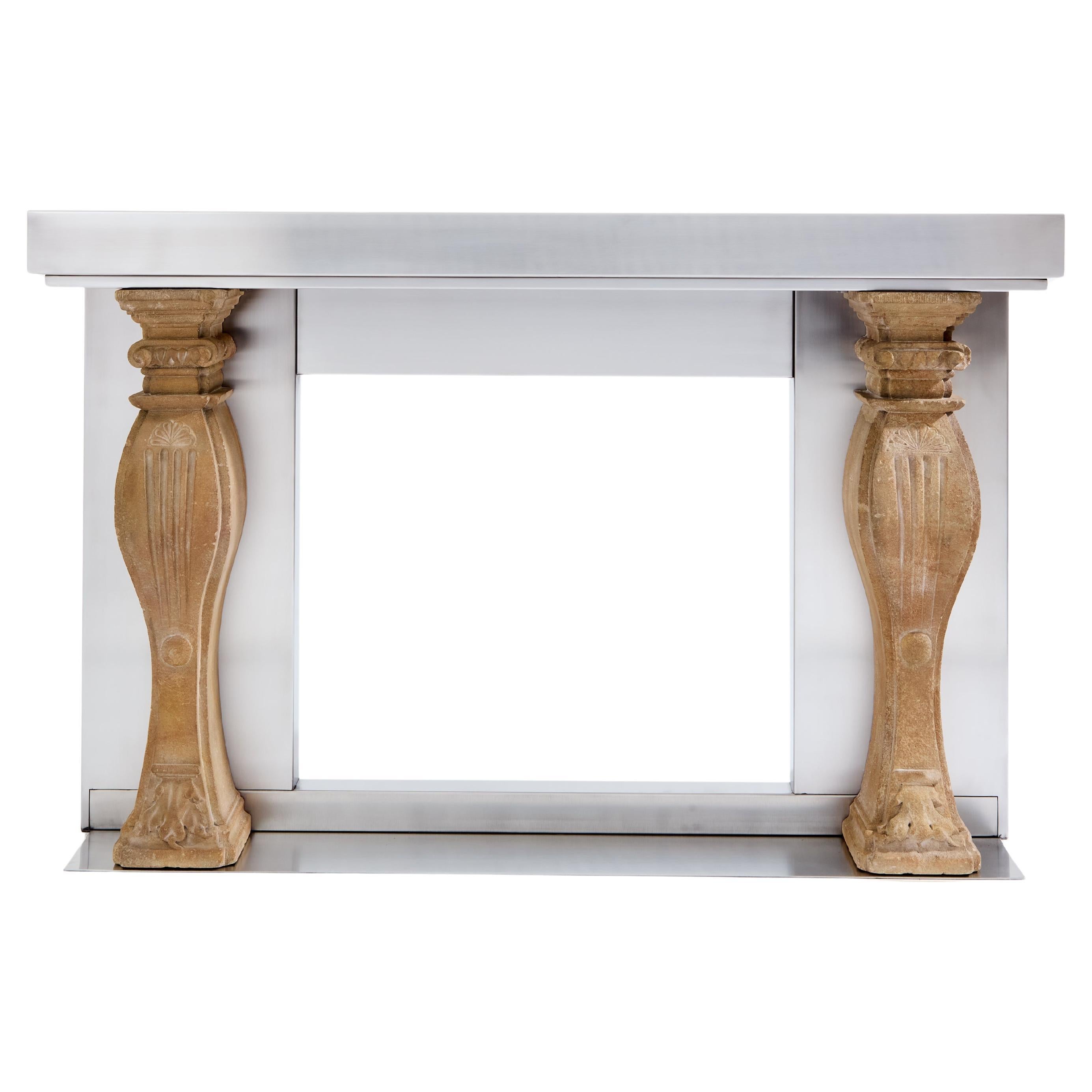 Maison Jansen fireplace mantel brushed steel and carved stone 1968