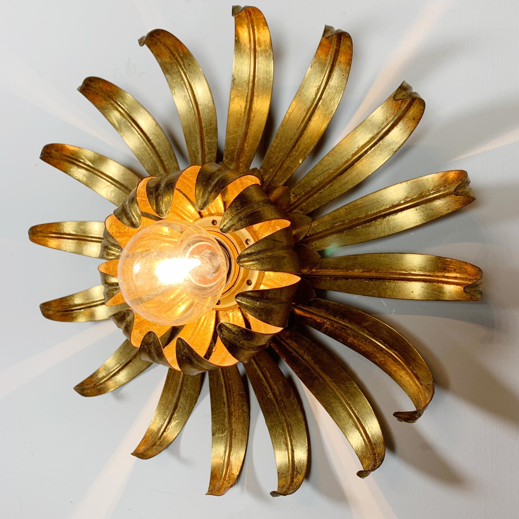 French Maison Jansen Gold Flower Flush Light For Sale