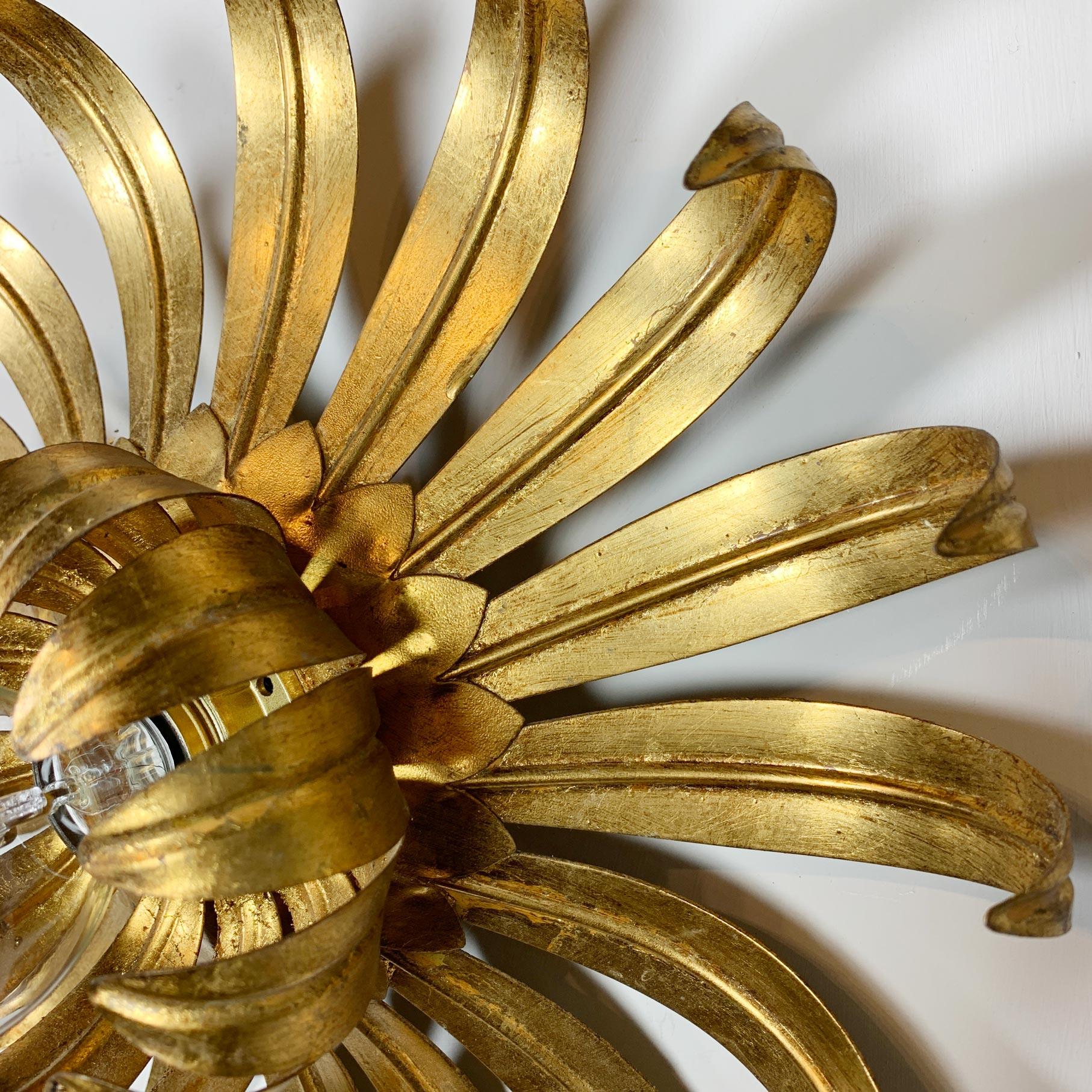 Gilt Maison Jansen Gold Flower Flush Light For Sale