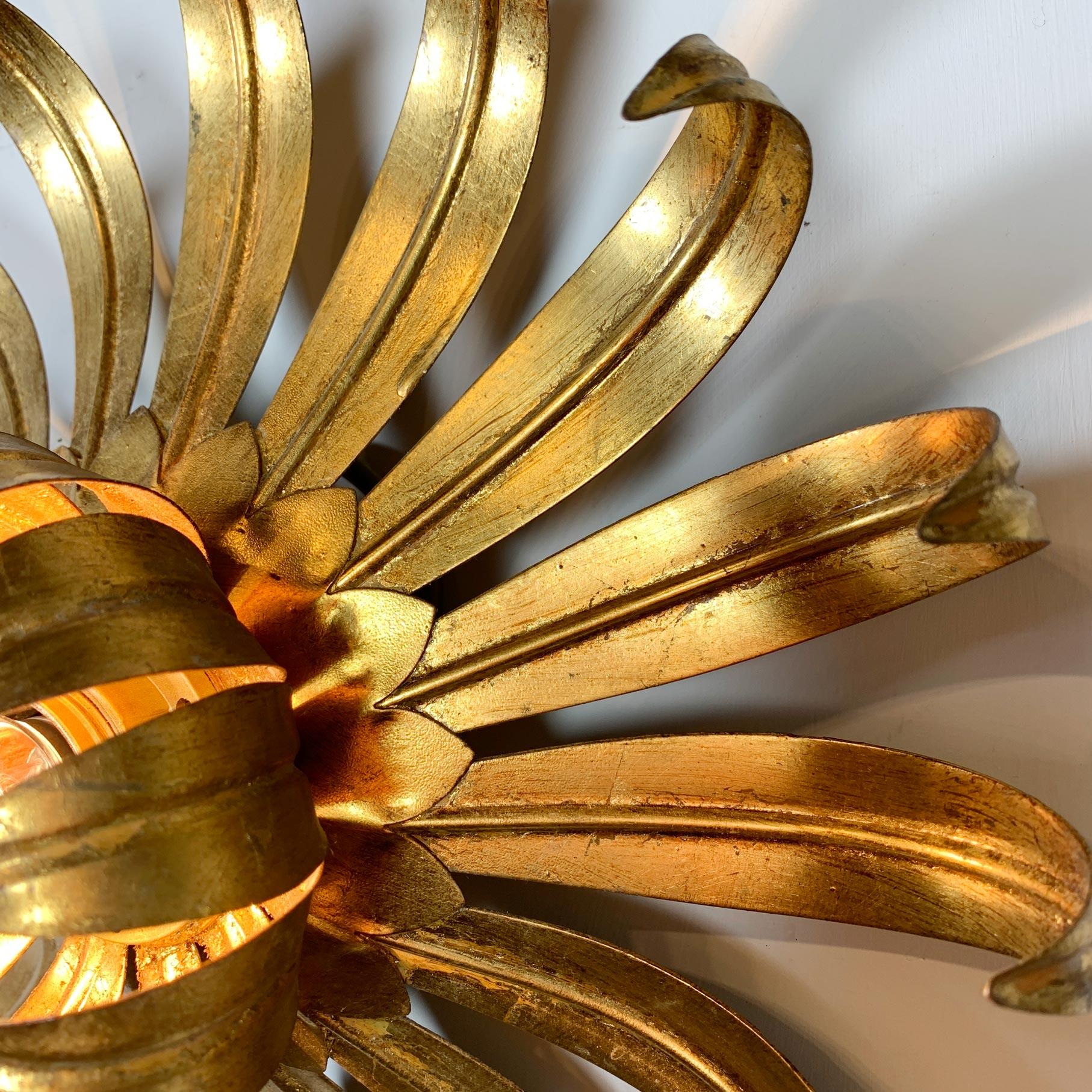 Metal Maison Jansen Gold Flower Flush Light For Sale