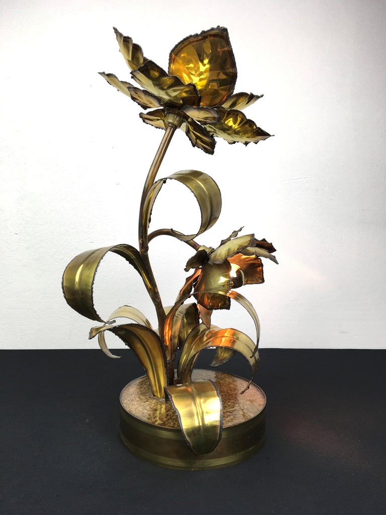 Brass Maison Jansen Flower Table Lamp, 1970s, France For Sale