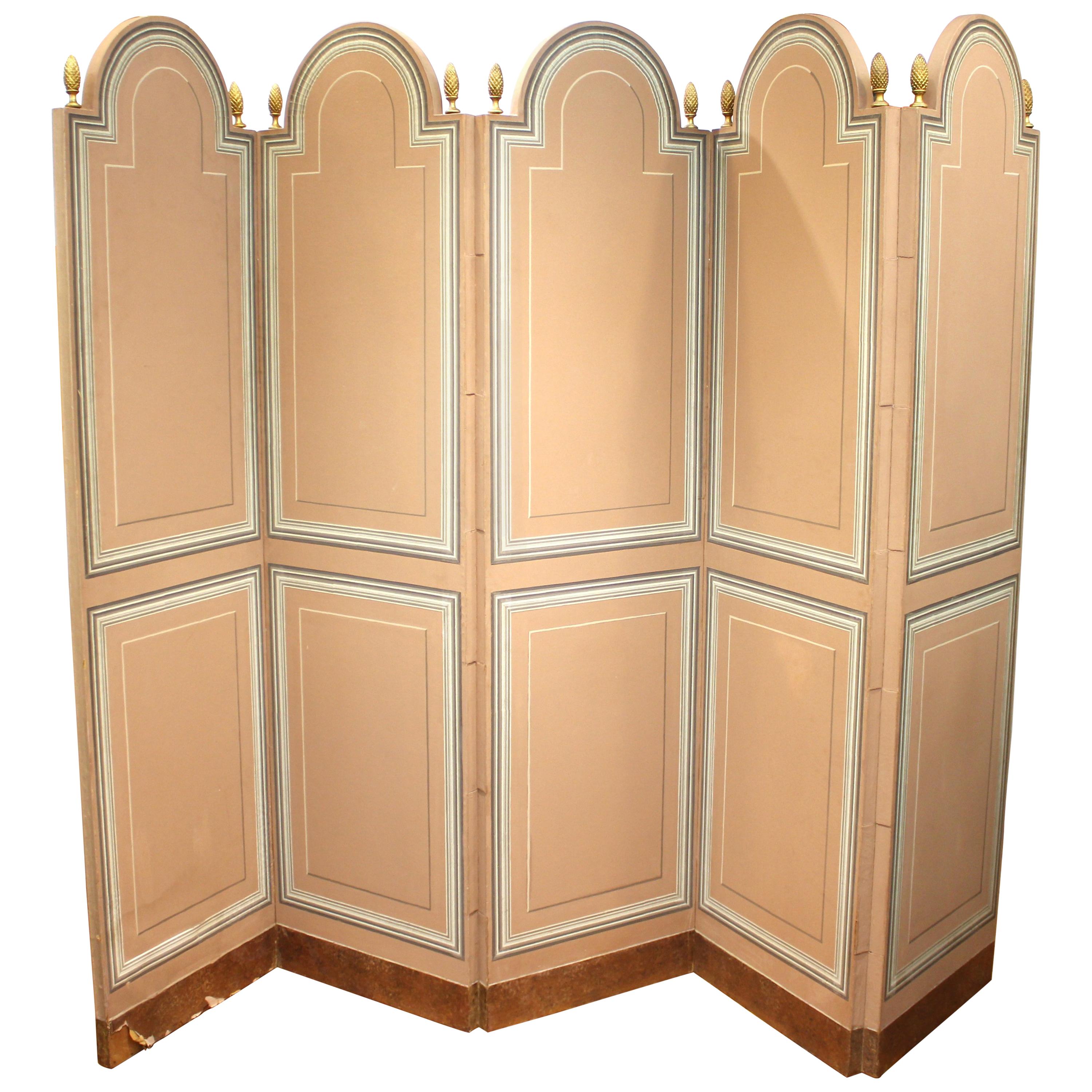 Maison Jansen Folding Screen in Pink with Pinecone Finials