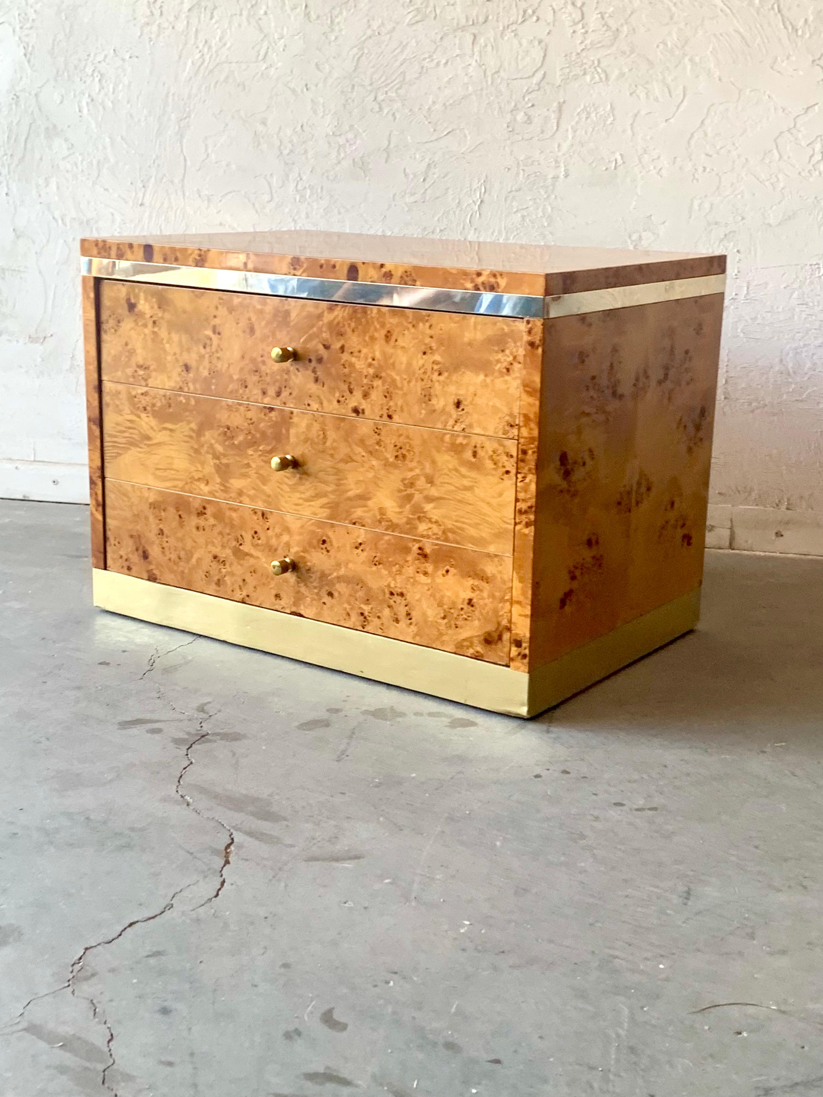 Maison Jansen, France circa 1970s 3 Drawer Burl Wood Side Table w/ Brass pulls, Base & Accent. 

23.5” wide 15.5” deep 17” high

Original vintage condition: Base has some wear please see photos for detail burl wood is in excellent condition.