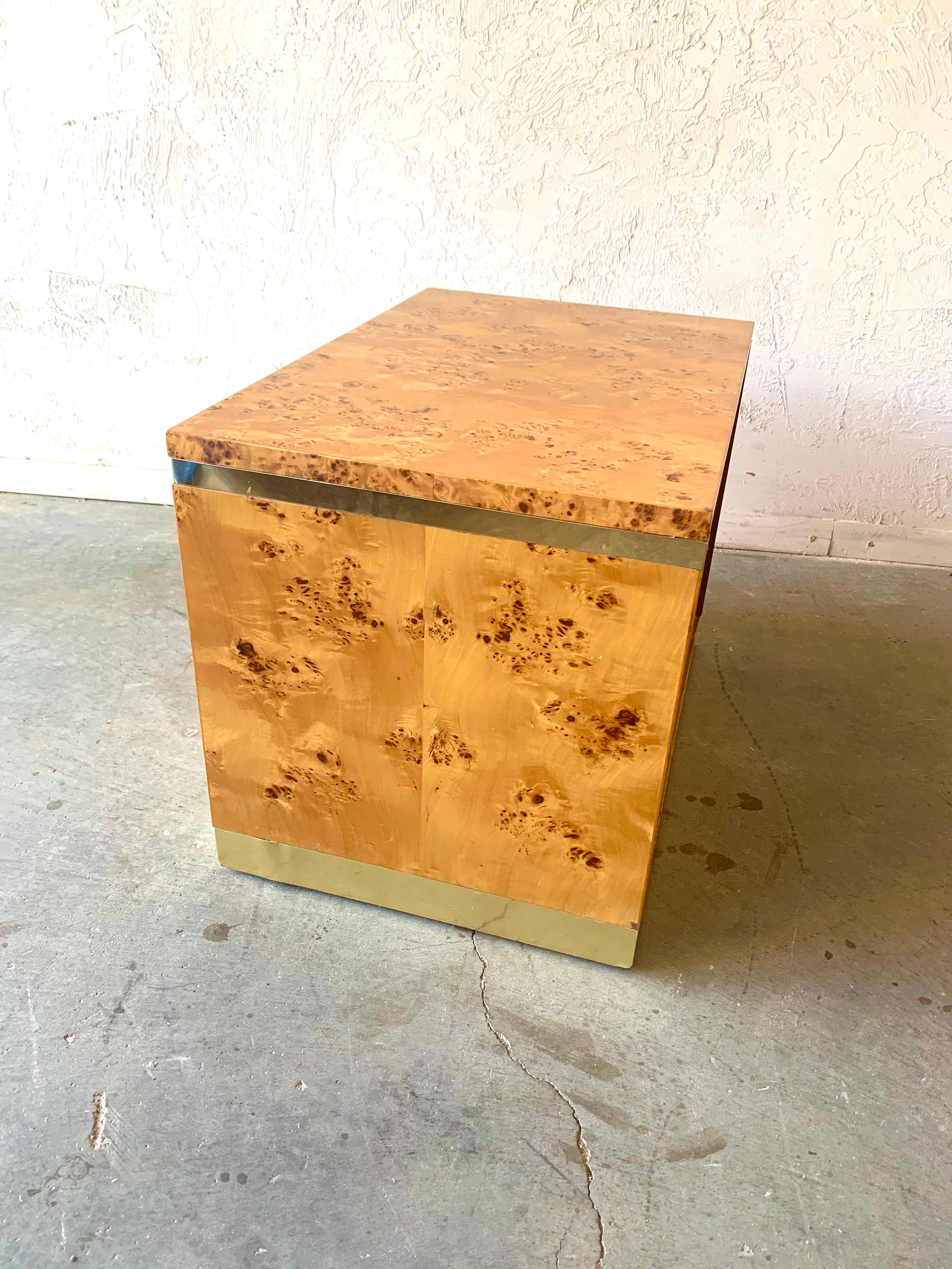 Maison Jansen, France circa 1970s Burl Wood Side Table Brass Base & Accent In Fair Condition For Sale In Las Vegas, NV
