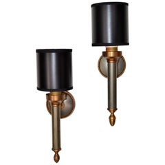 Maison Jansen French Art Deco Two Patina Brass and Gun Metal Wall Sconces, Pair