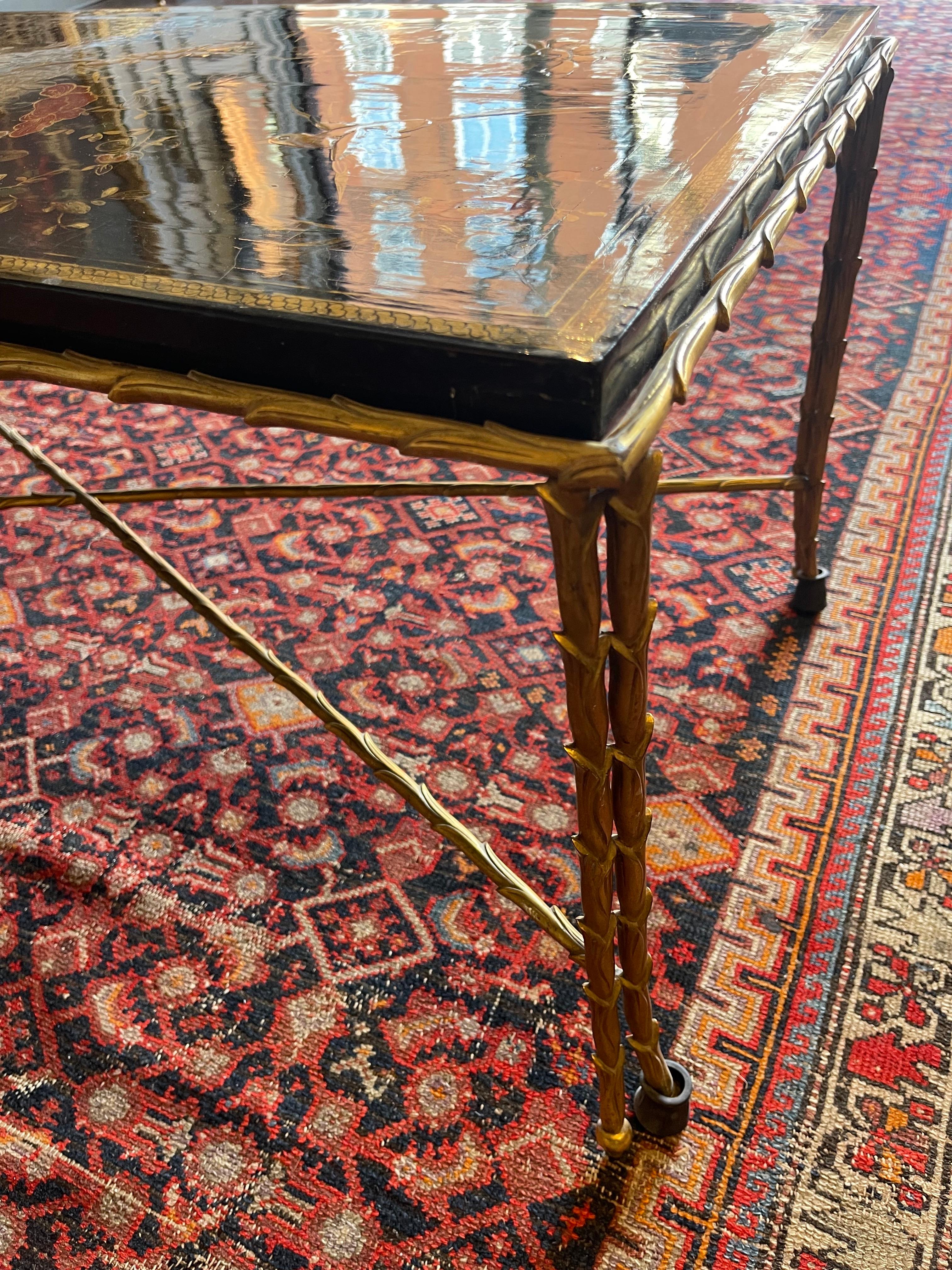 Maison Jansen French Brass & Gilt Black Lacquer Coffee Table 'Mid 20th Century' In Good Condition For Sale In London, GB