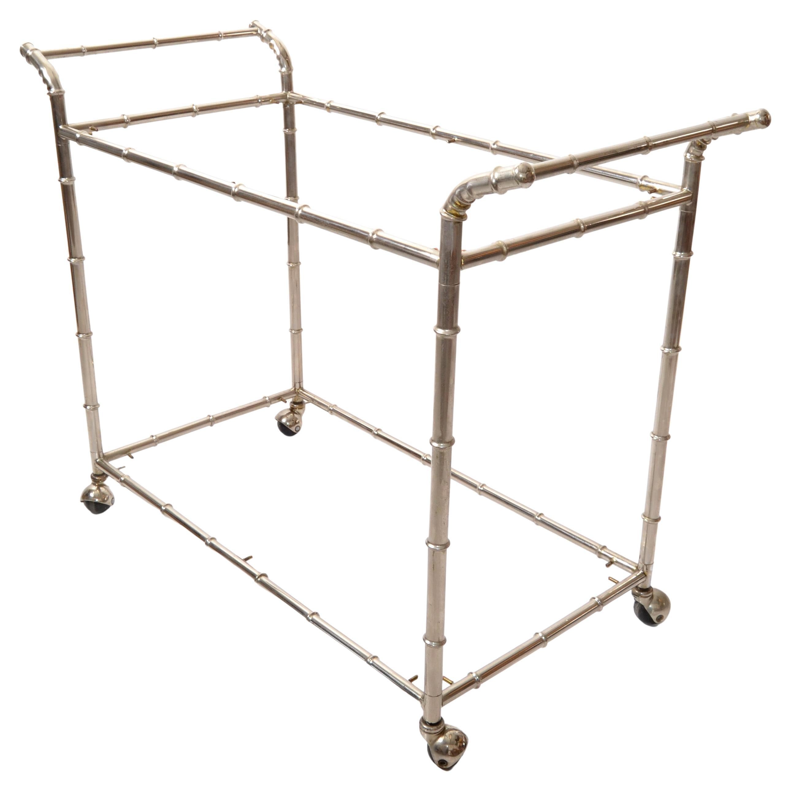 Maison Jansen French Chrome & 2 Tier Glass Faux Bamboo Bar Cart, Serving Table