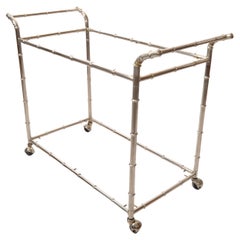 Maison Jansen French Chrome & 2 Tier Glass Faux Bamboo Bar Cart, Serving Table