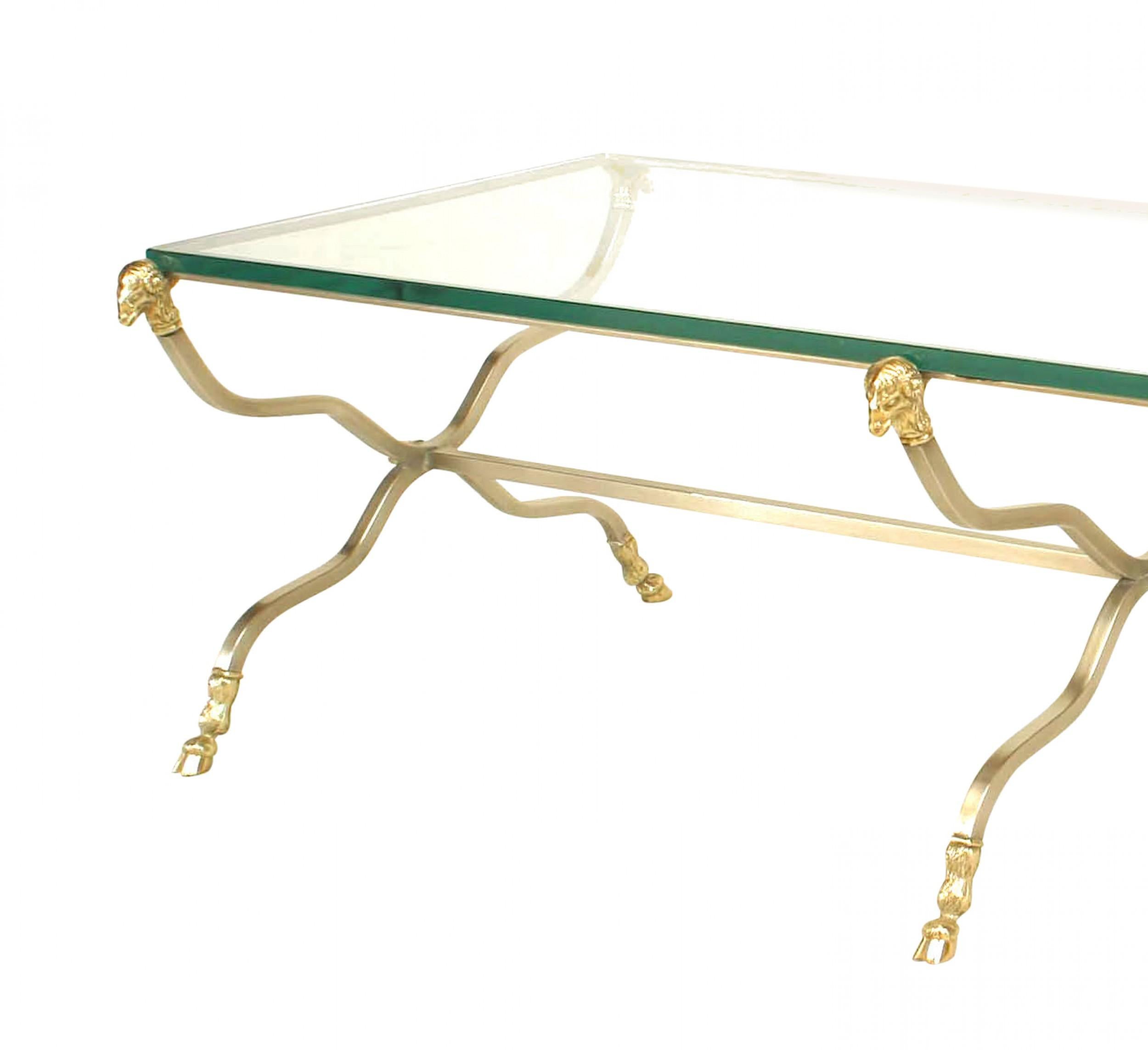 Maison Jansen French Directoire Style Brass and Glass Coffee Table For Sale 1