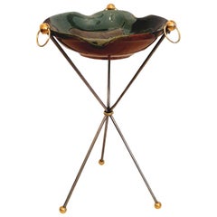 Maison Jansen French Iron & Brass Tripod Table Vallauris Ceramic Top, Signed