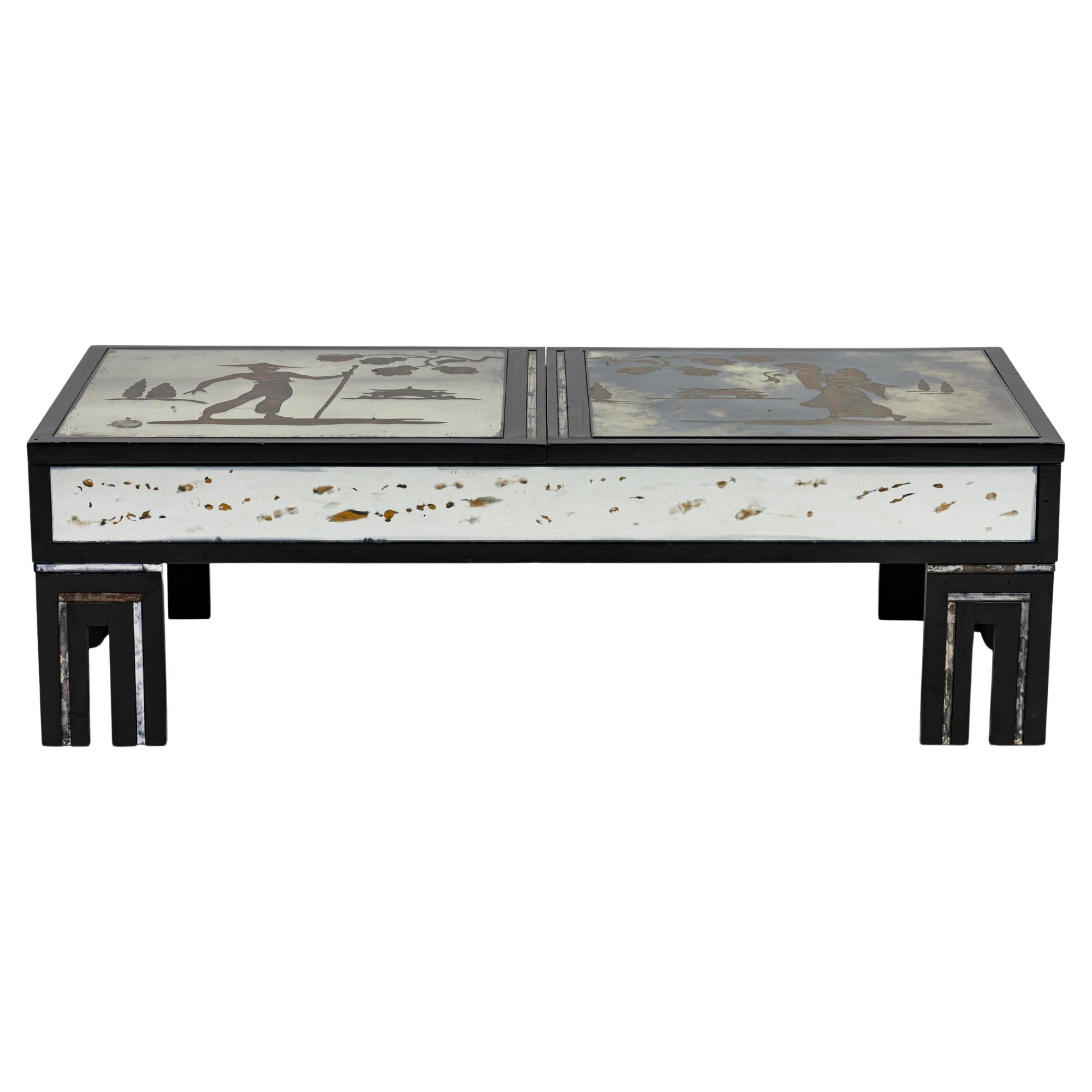 Maison Jansen Mid-Century Black Lacquer Coffee Table with Eglomise Top For Sale