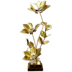 Maison Jansen French Mid-Century Modern 3-Light Cut Brass Flower Table Lamp