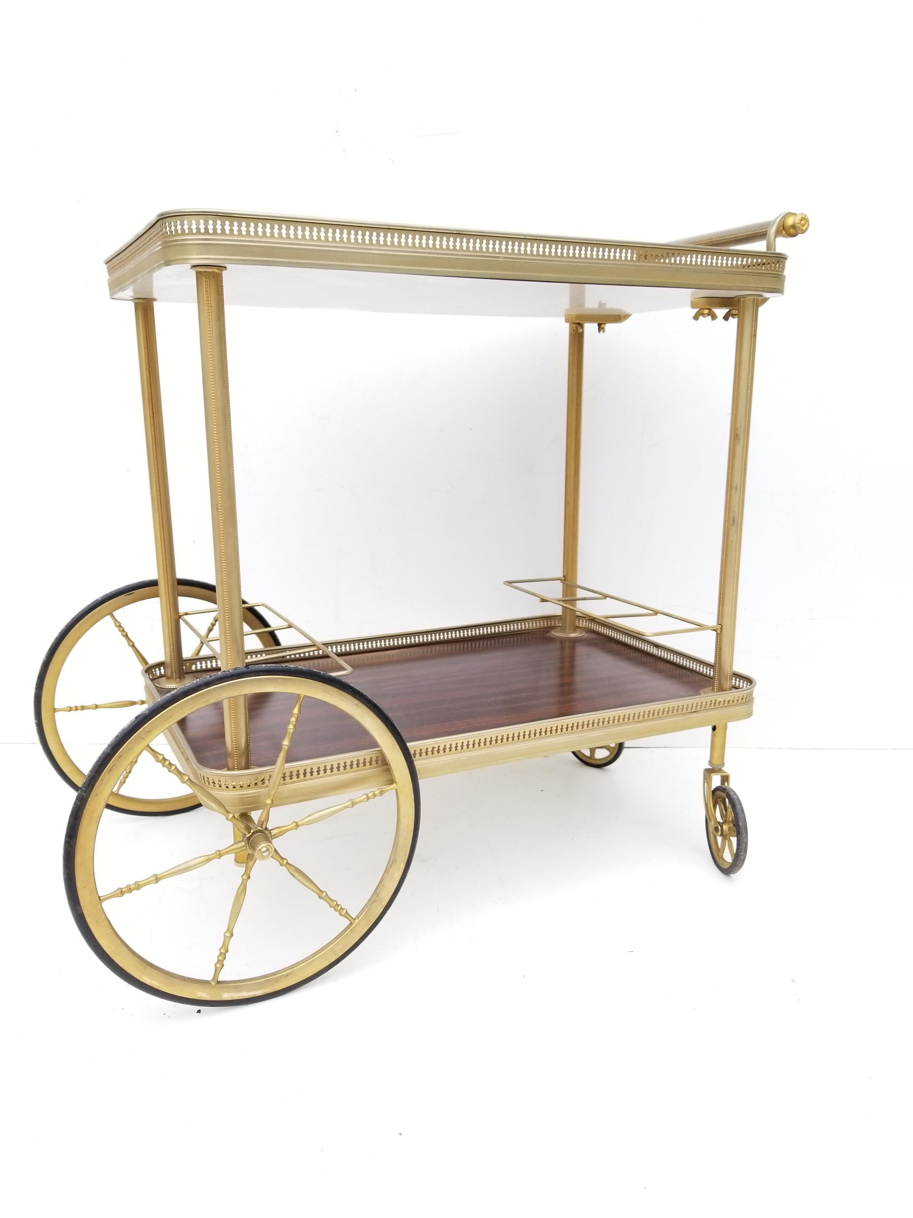 Maison Jansen French Neoclassical Brass Bar Cart In Good Condition In Miami, FL