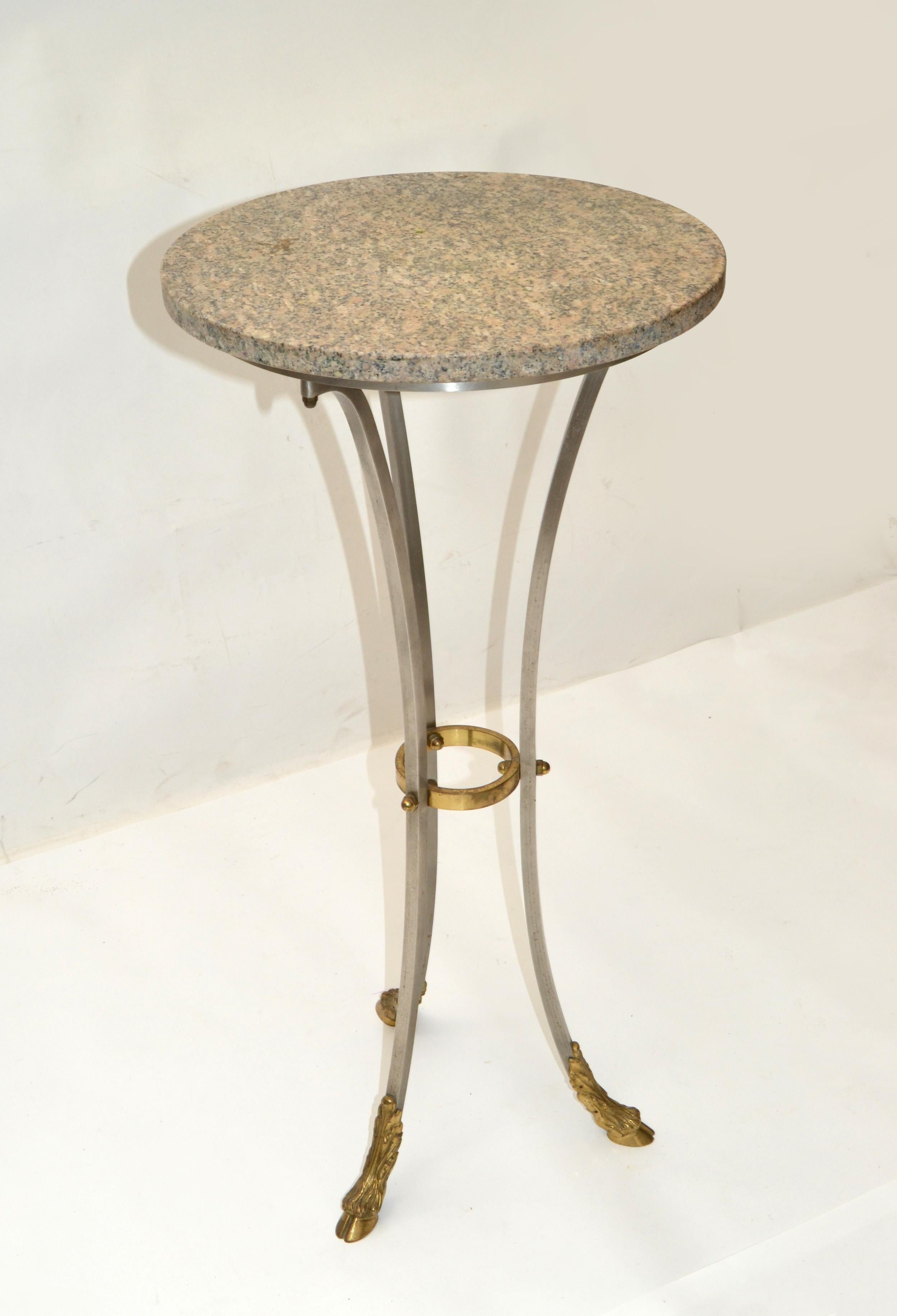 20th Century Maison Jansen French Neoclassical Steel & Bronze Hoof Feet Pedestal Drink Table For Sale
