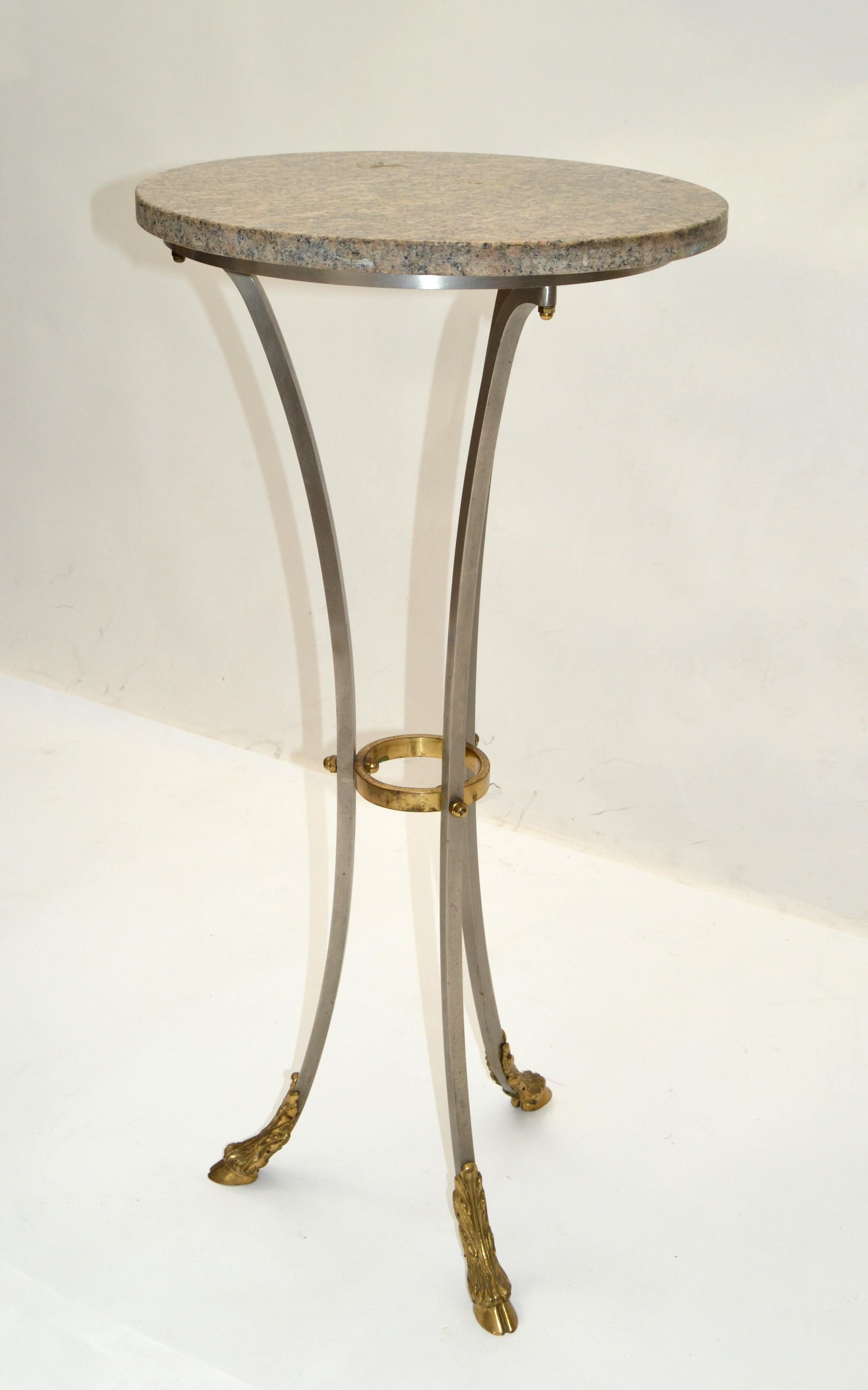 Brass Maison Jansen French Neoclassical Steel & Bronze Hoof Feet Pedestal Drink Table For Sale