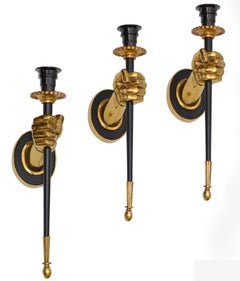 Maison Jansen French Pair of Bronze Hand Sconces Black Torch Mid-Century Modern