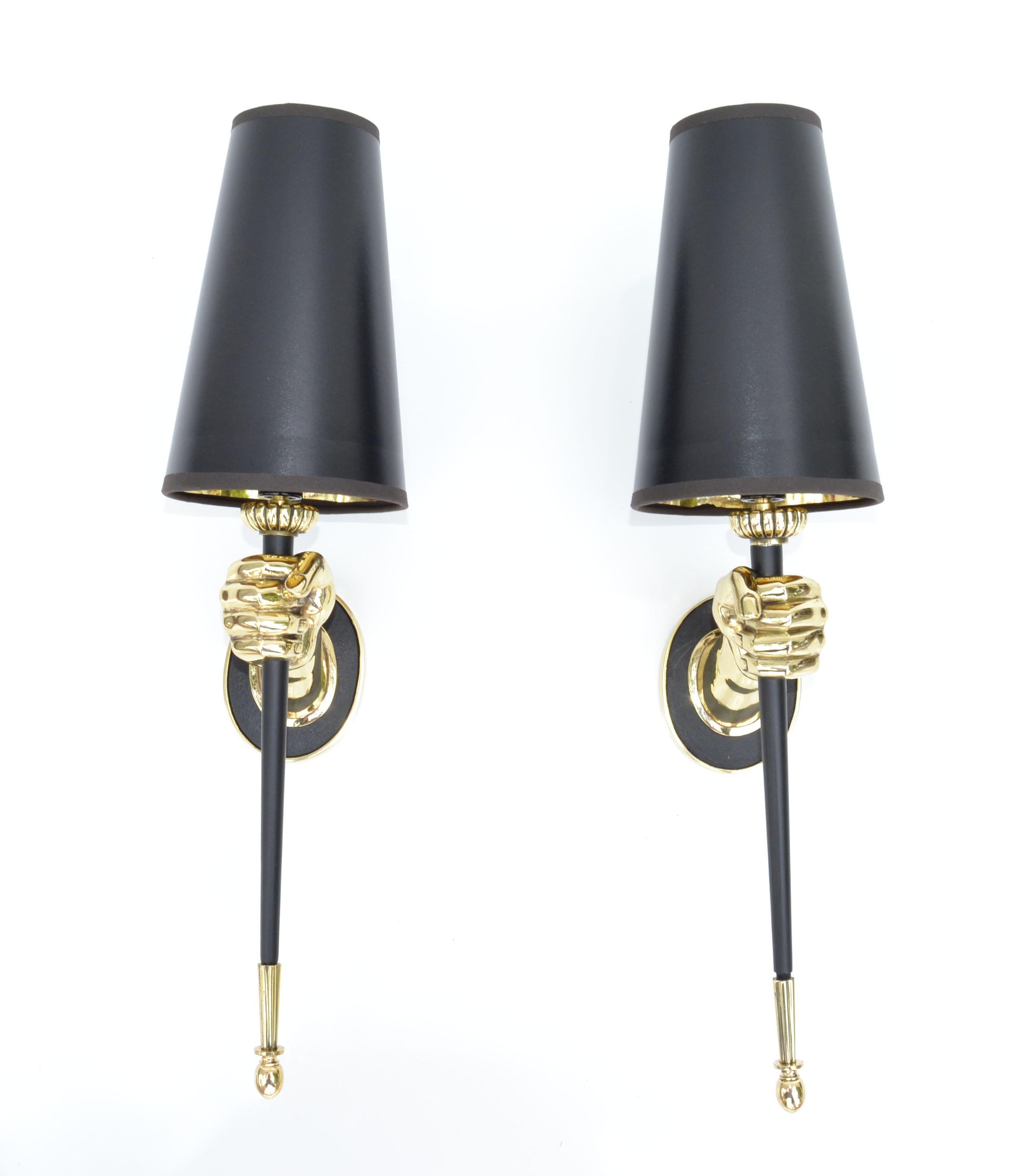 Polished Maison Jansen French Pair of Bronze Hand Sconces Black Torch Mid-Century Modern  For Sale