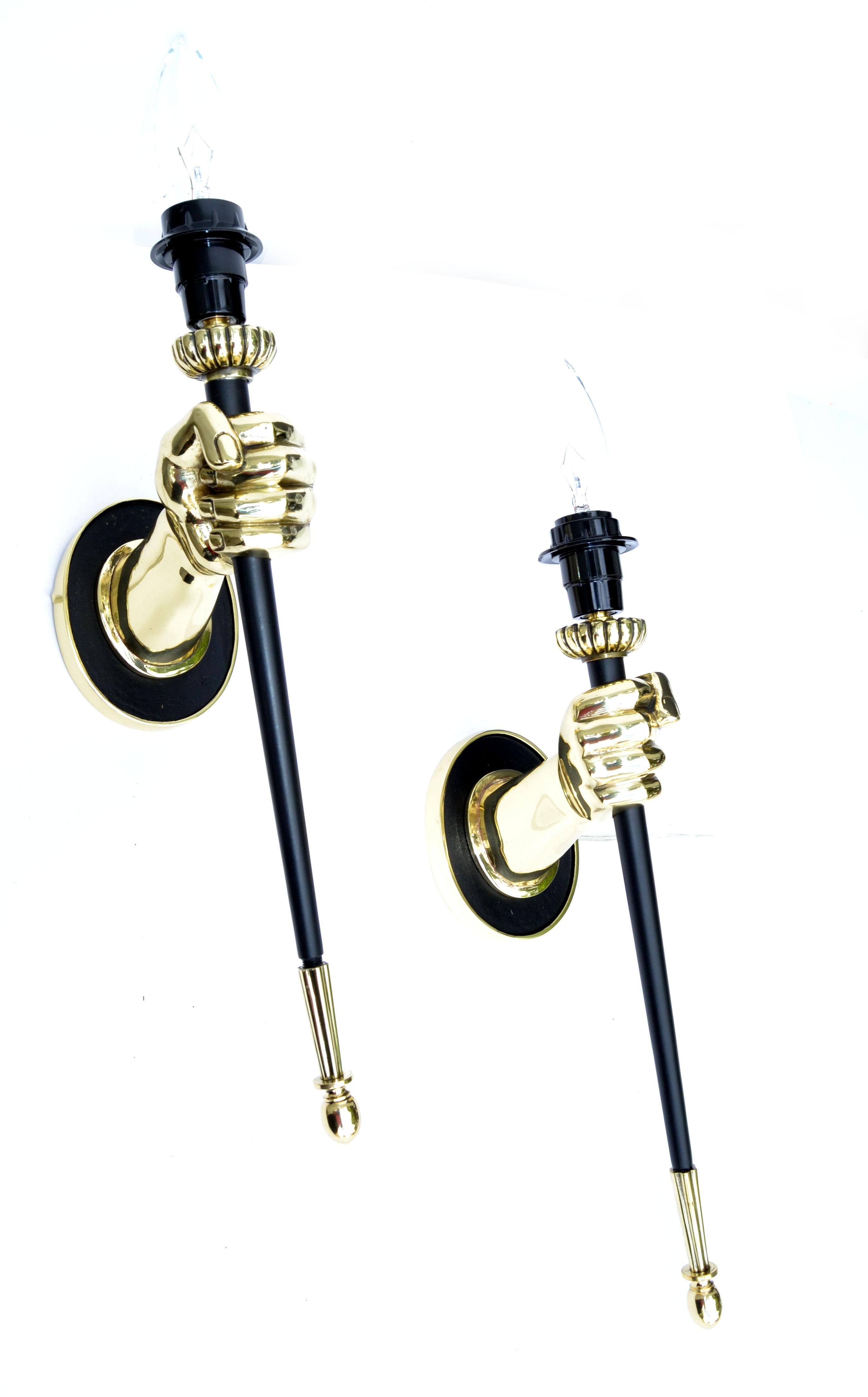 Maison Jansen French Pair of Bronze Hand Sconces Black Torch Mid-Century Modern  In Good Condition For Sale In Miami, FL