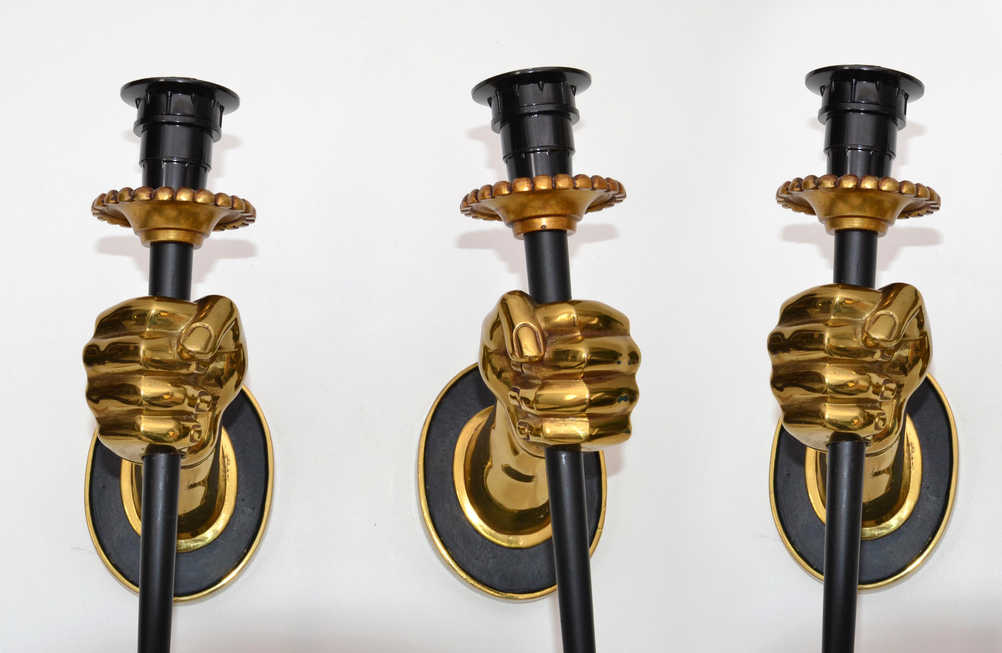 Mid-20th Century Maison Jansen French Pair of Bronze Hand Sconces Black Torch Mid-Century Modern