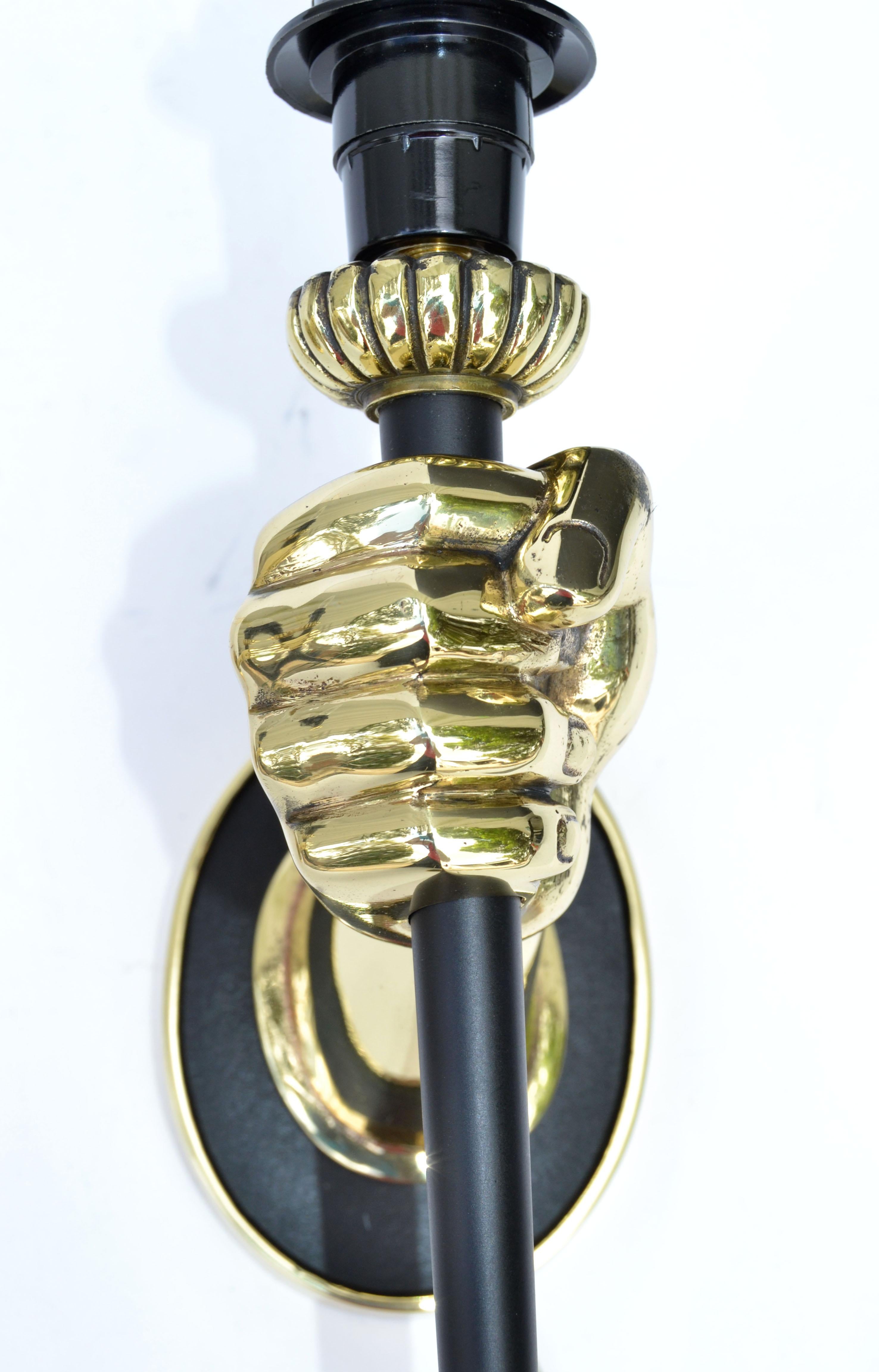 Brass Maison Jansen French Pair of Bronze Hand Sconces Black Torch Mid-Century Modern  For Sale