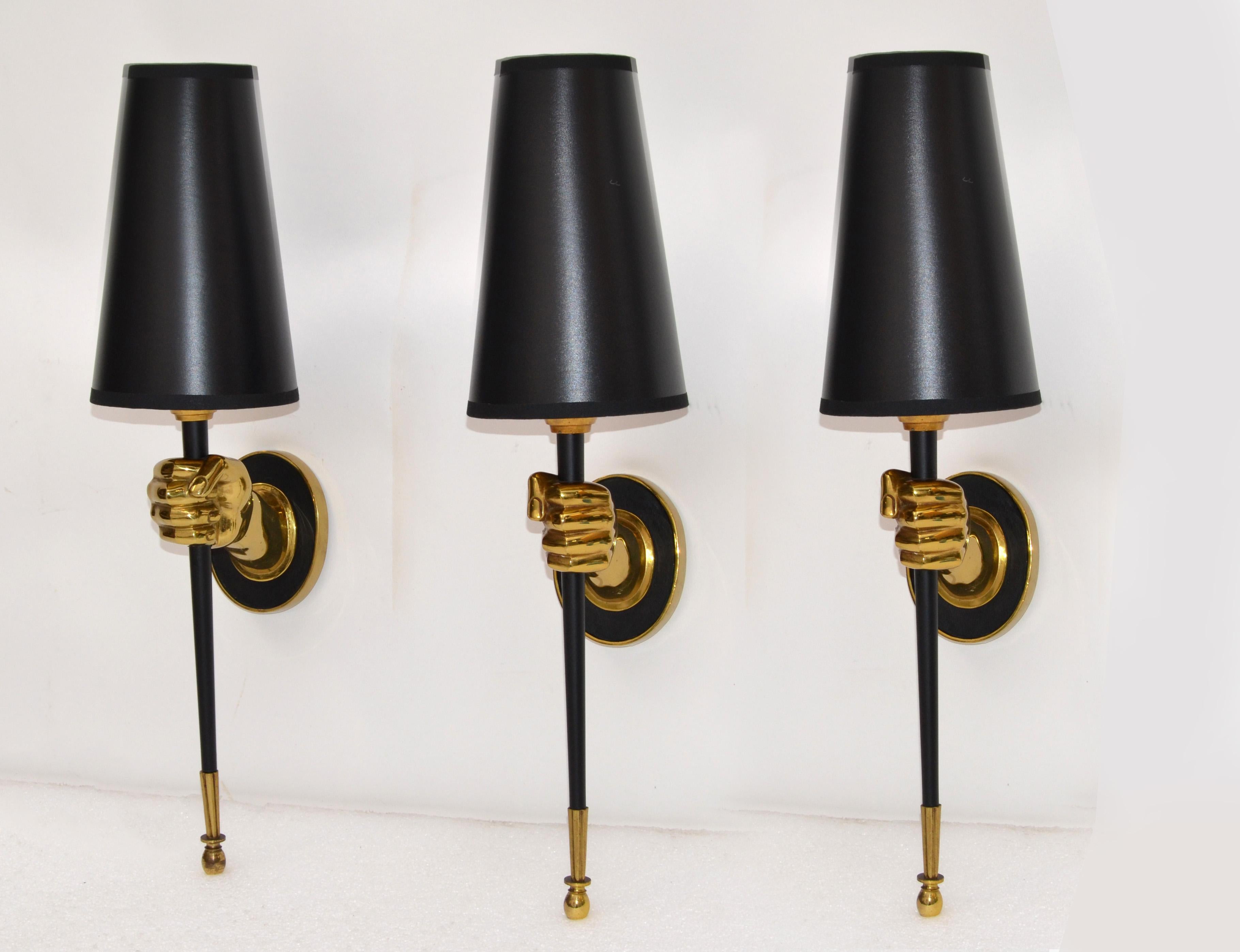 Maison Jansen French Pair of Bronze Hand Sconces Black Torch Mid-Century Modern 3