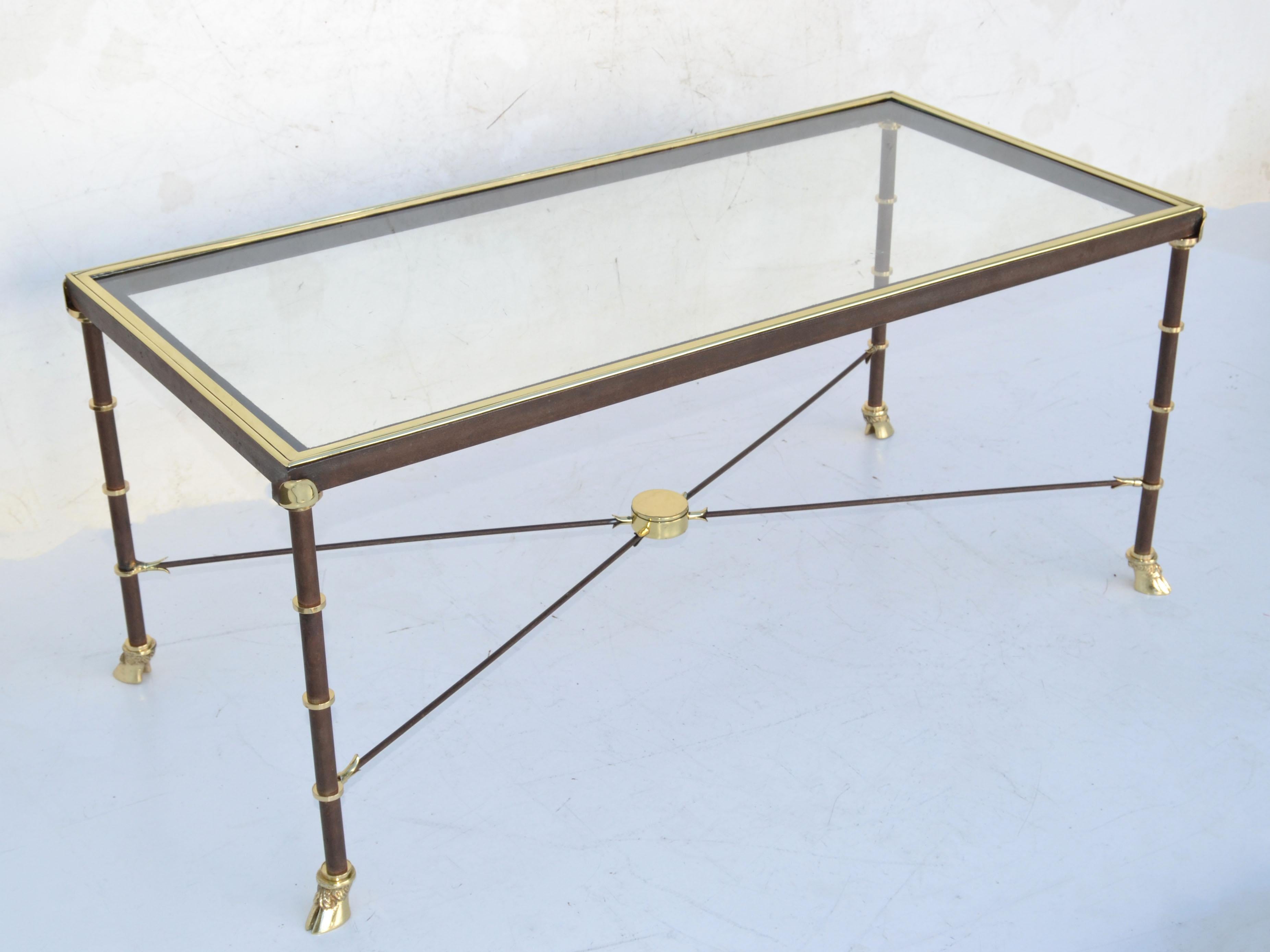 Mid-Century Modern Maison Jansen French Polished Brass, Steel & Glass Top Coffee Table Claw Feet
