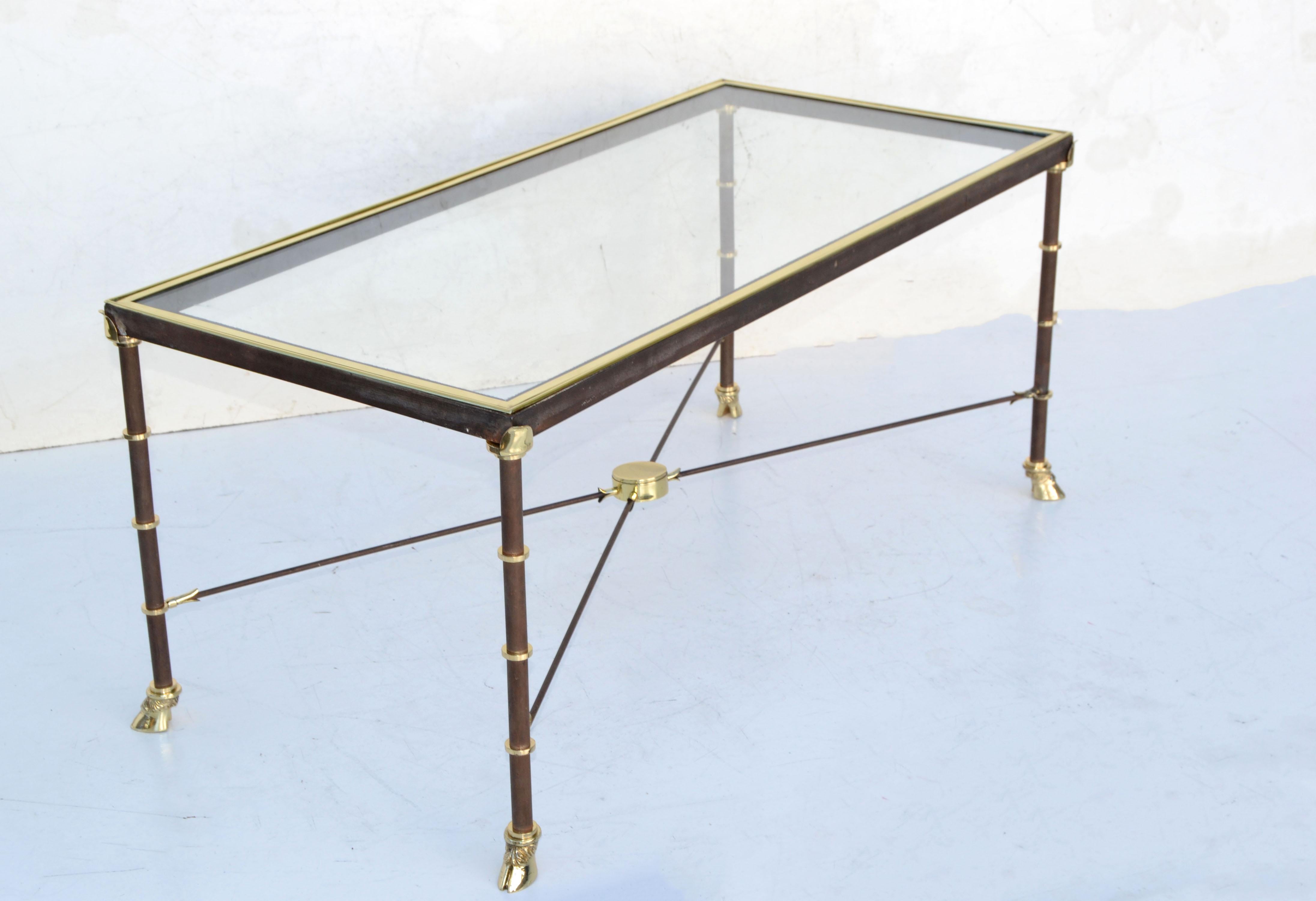 Maison Jansen French Polished Brass, Steel & Glass Top Coffee Table Claw Feet In Good Condition In Miami, FL