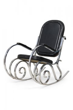 Maison Jansen French Polished Nickel and Black Leather Rocking Armchair