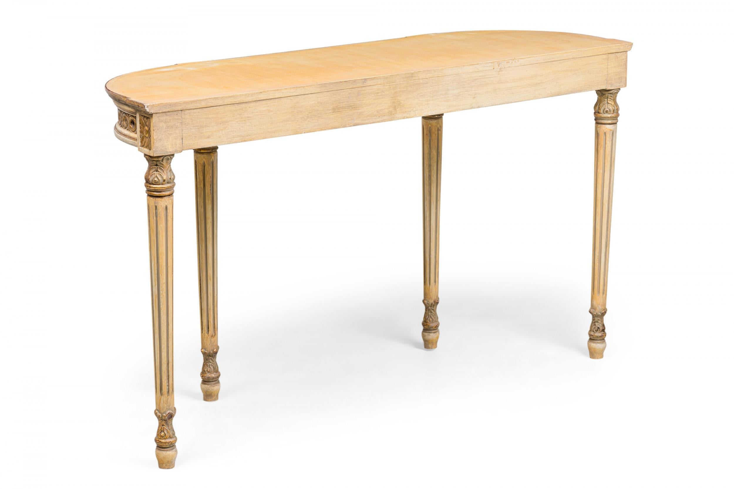 Carved Maison Jansen French White & Parcel Gilt Console Tables w/ Painted Tops For Sale