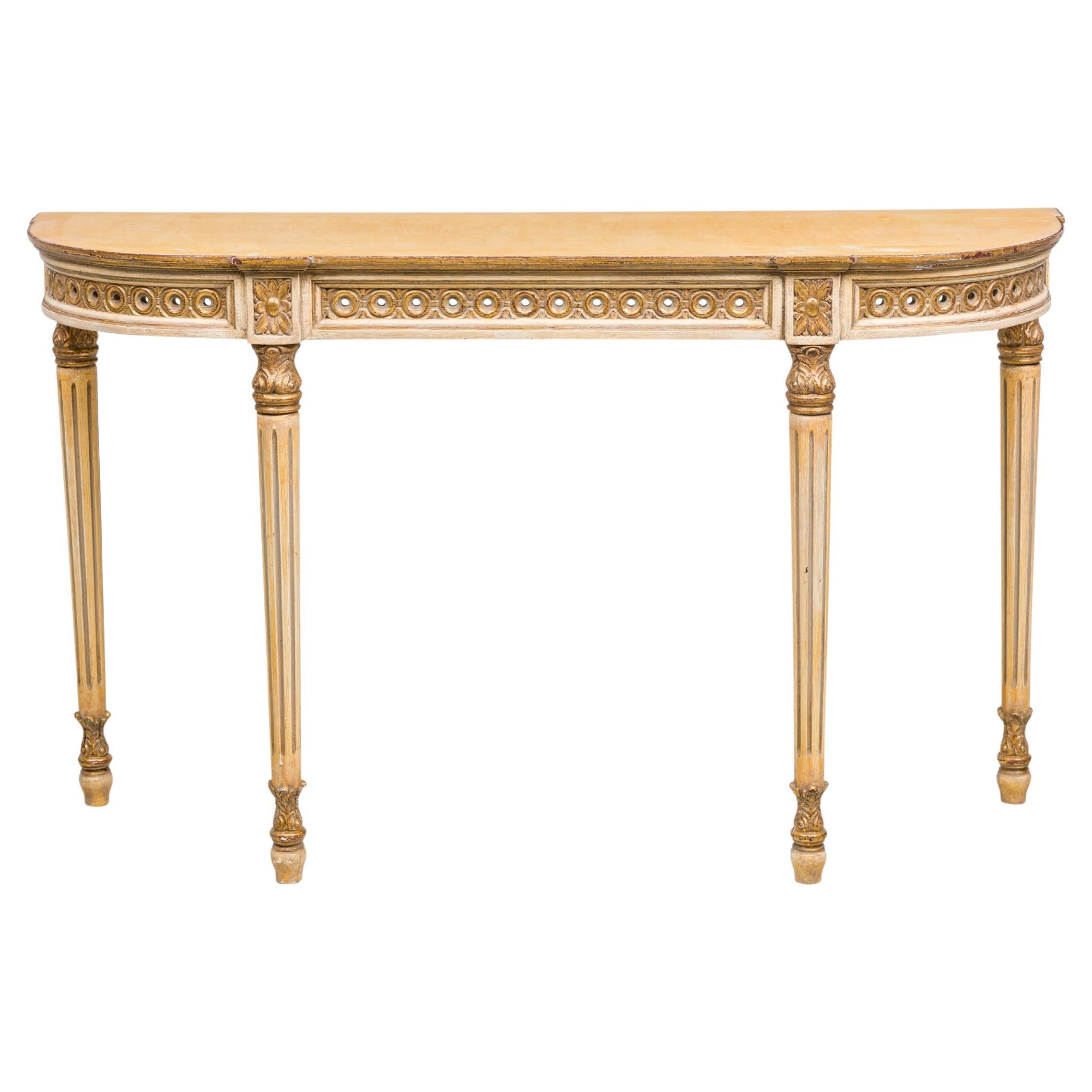 Maison Jansen French White & Parcel Gilt Console Tables w/ Painted Tops For Sale